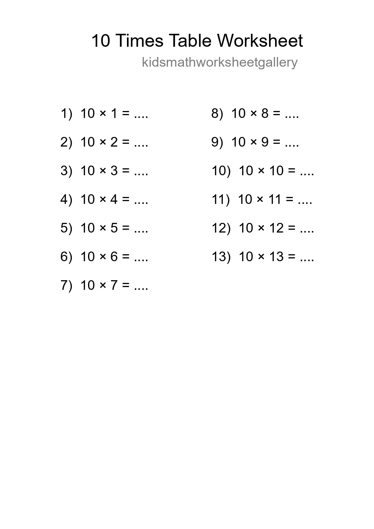 10 Times Table Worksheet For Grade 3 With Answers - Part 9
