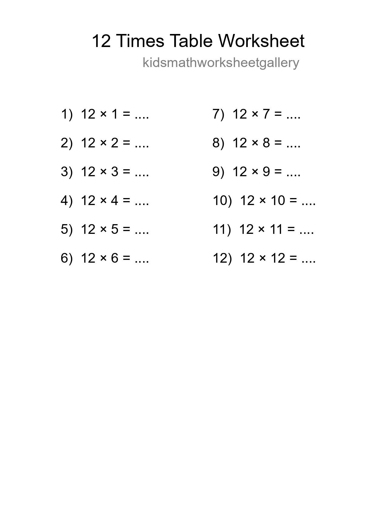12 Times Table Worksheet For Grade 4 - Part 42