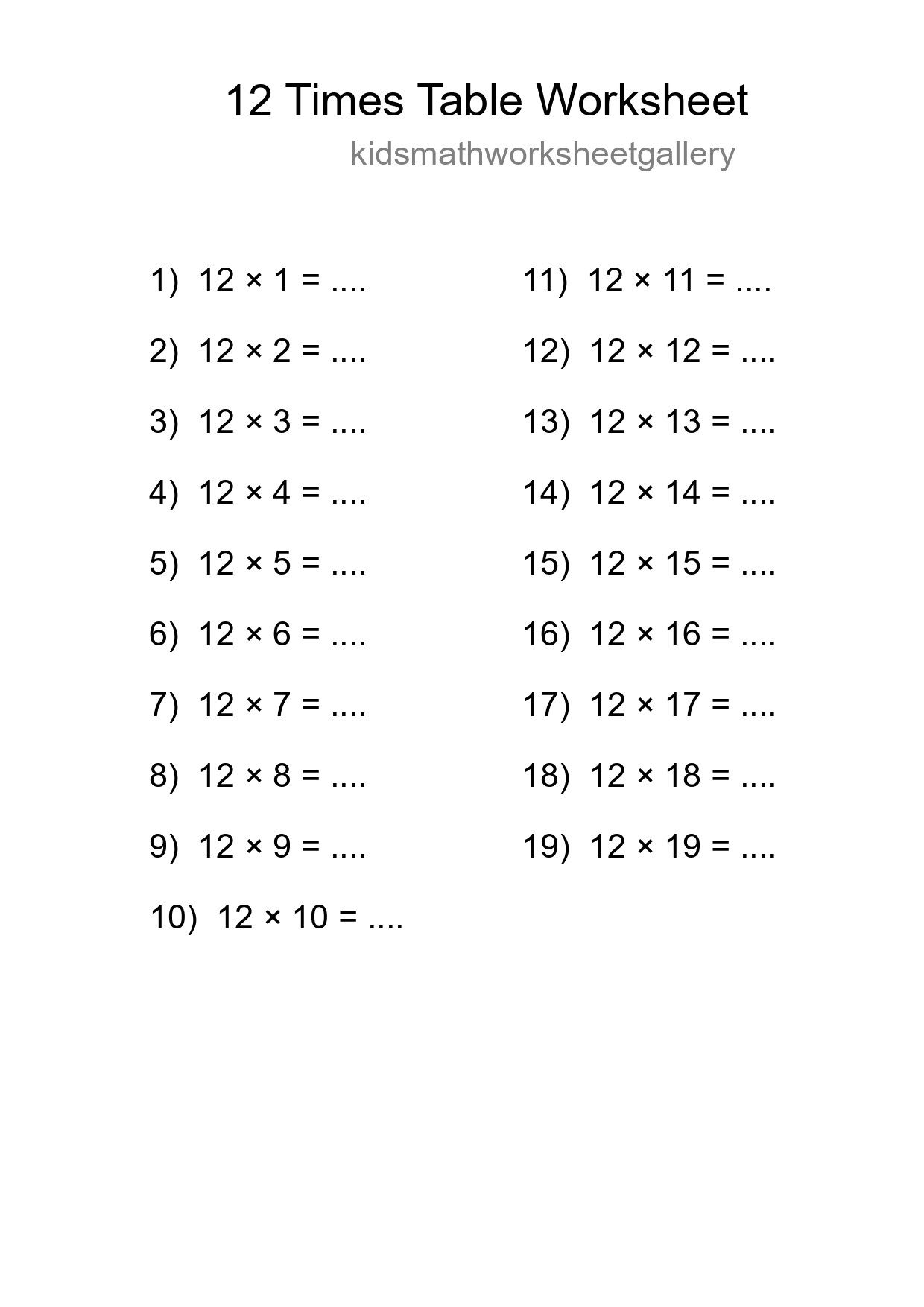 12 Times Table Worksheet For Grade 4 With Answers - Part 262