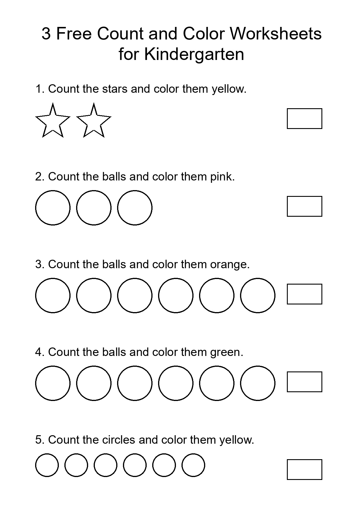 3 Free Count and Color Worksheets for Kindergarten