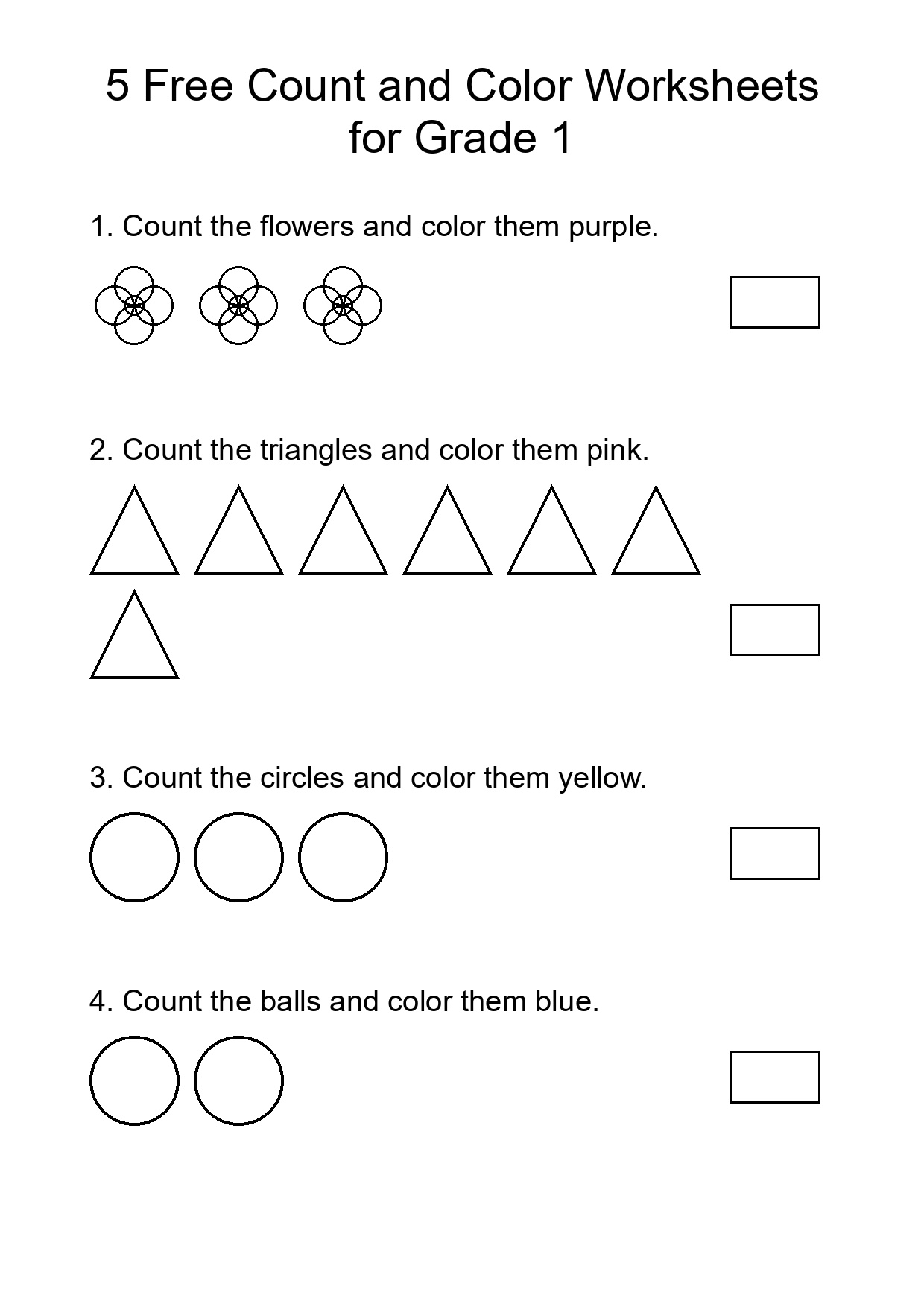 5 Free Count and Color Worksheets for Grade 1