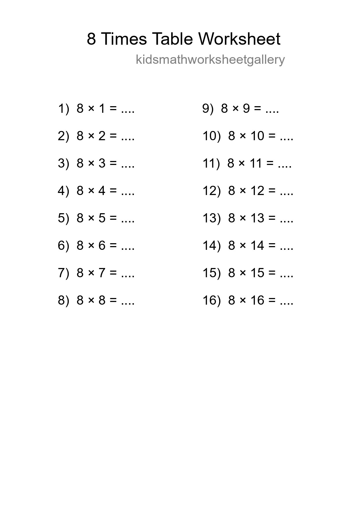 8 Times Table Worksheet For Grade 3 With Answers - Part 163