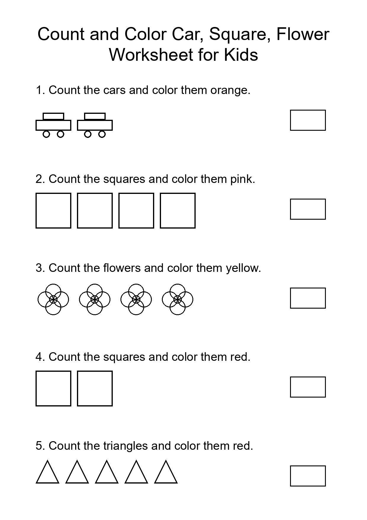 Count and Color Car, Square, Flower Worksheet for Kids