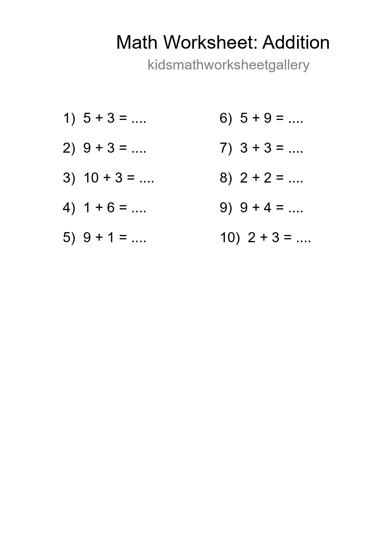 Free 10 Addition Math Worksheet For Grade 1 With Answers - Part 287