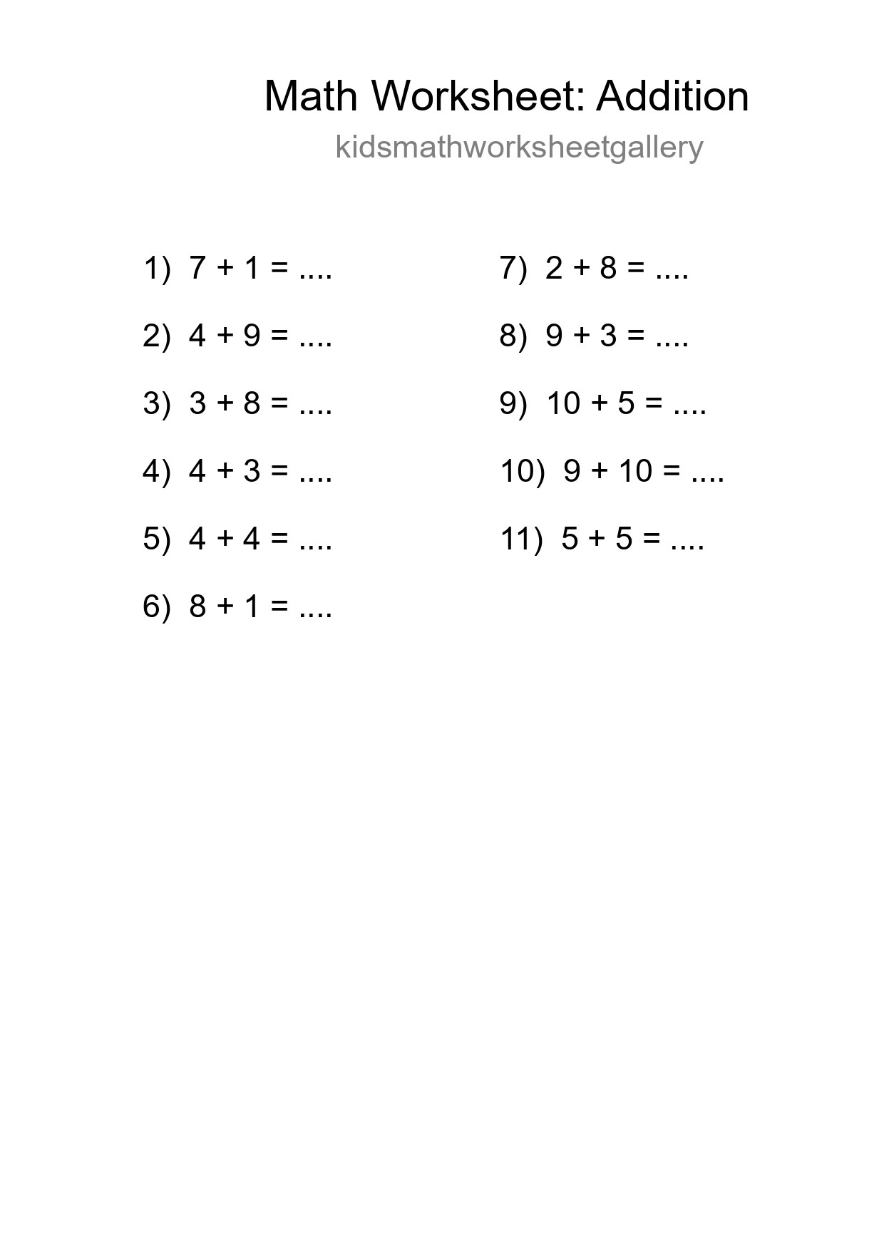 Free 11 Addition Math Worksheet For Grade 1 With Answers - Part 23