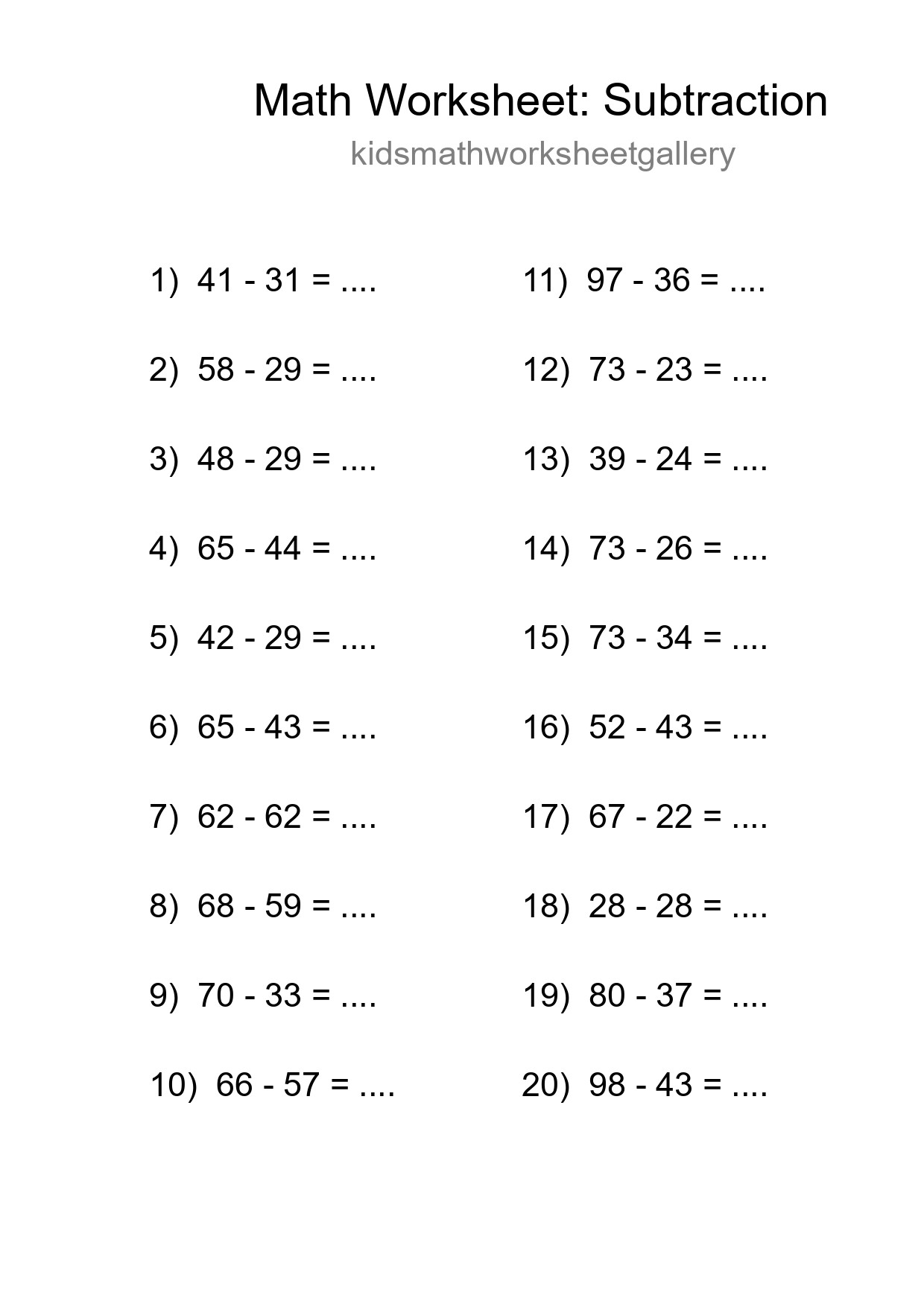 Free 20 Subtraction Math Worksheet For Grade 3 - Part 206
