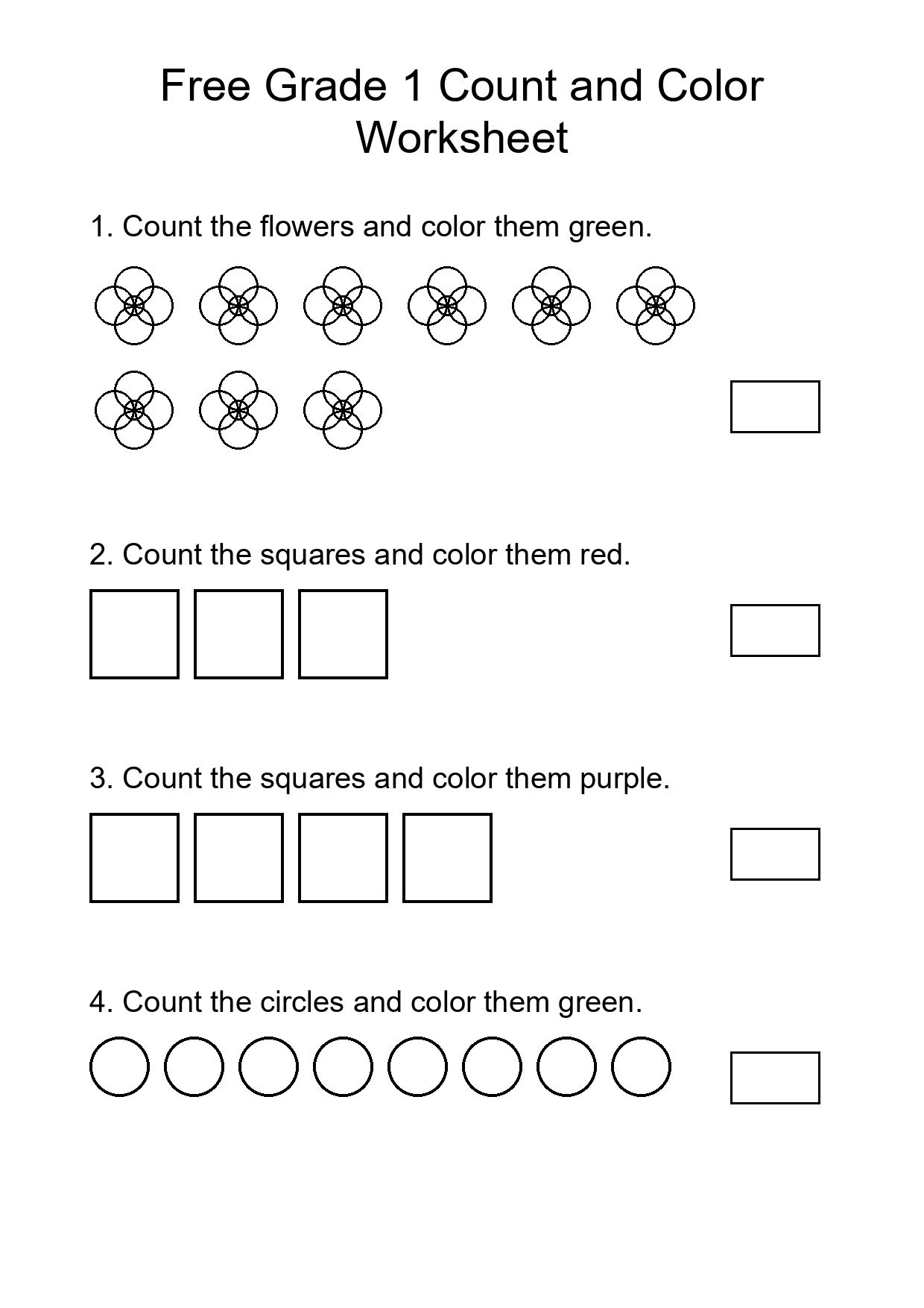 Free Grade 1 Count and Color Worksheet