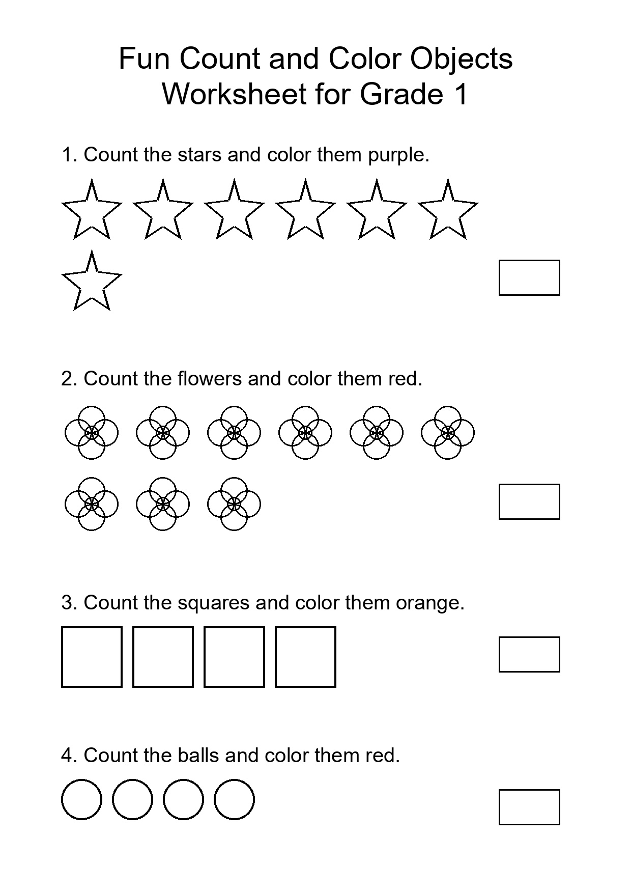 Fun Count and Color Objects Worksheet for Grade 1