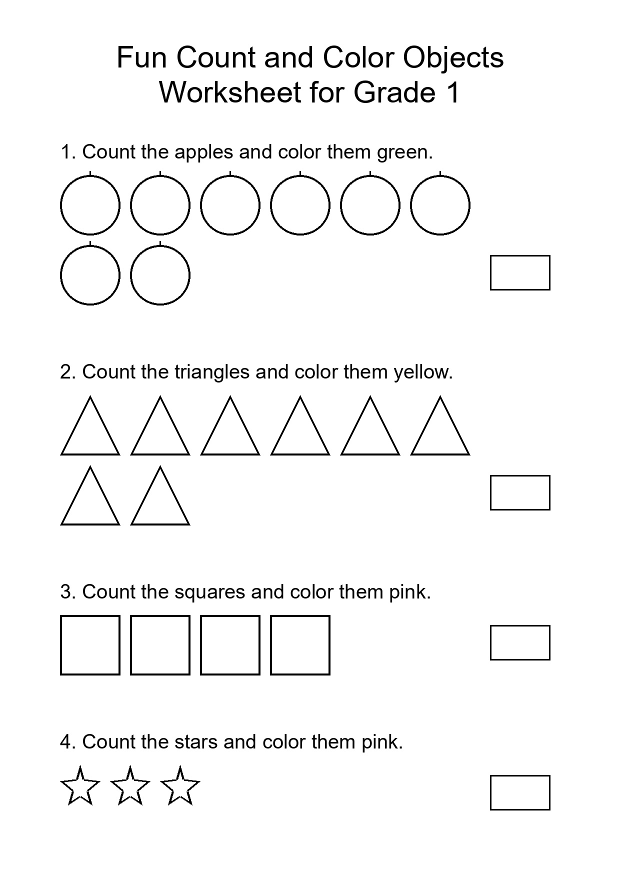 Fun Count and Color Objects Worksheet for Grade 1