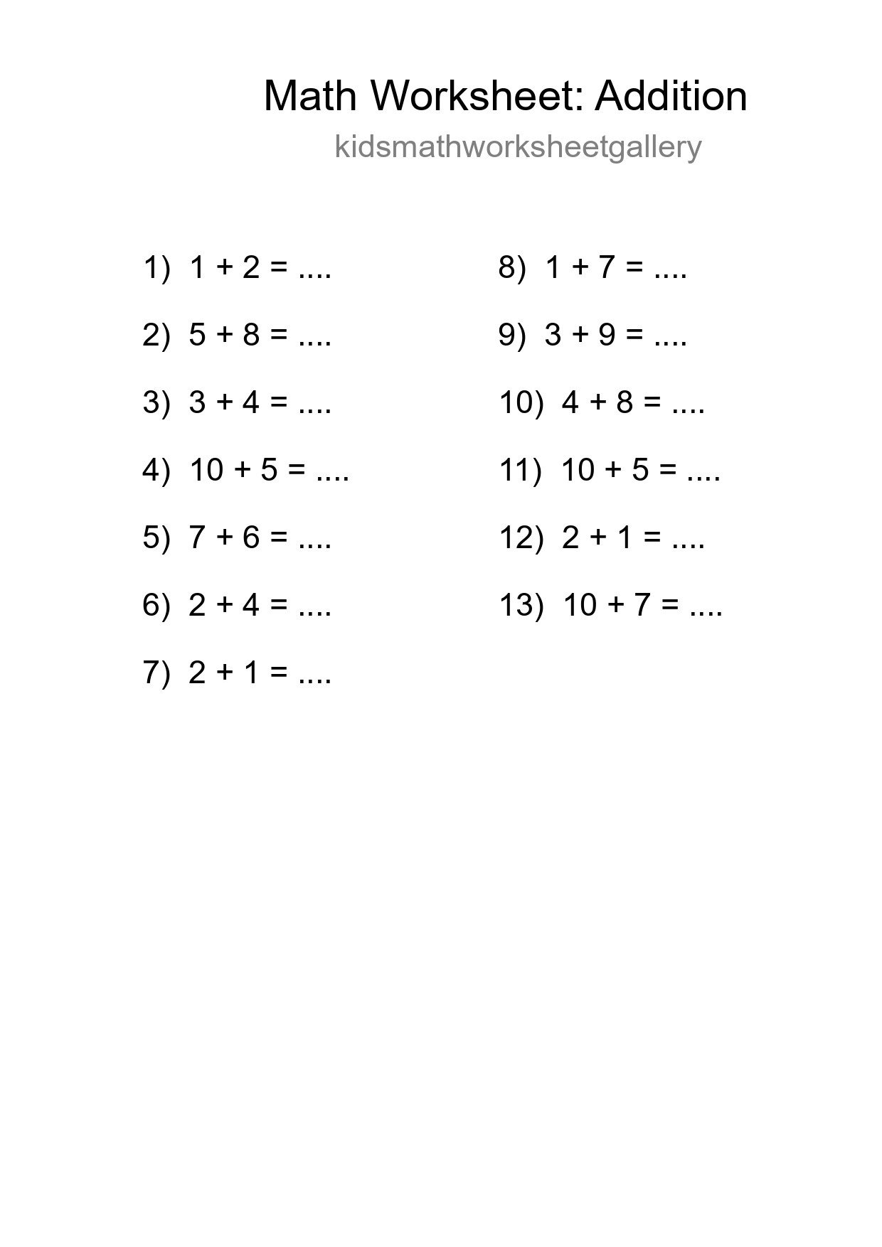 Grade 1 Addition Practice Worksheet (13 Problems) - Part 12