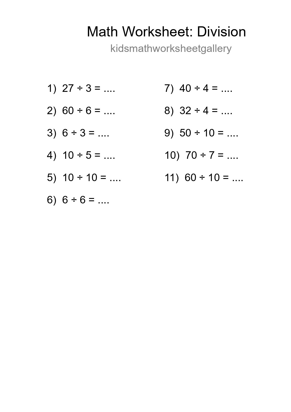 Grade 1 Division Practice Worksheet (11 Problems) - Part 147