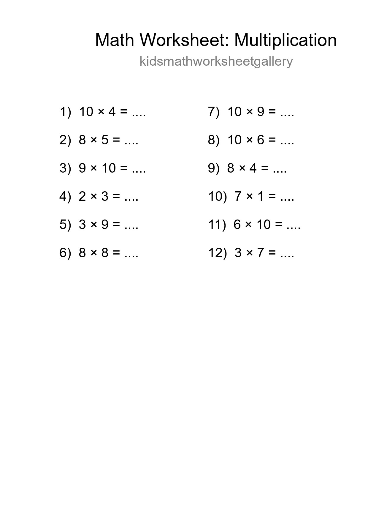 Grade 1 Multiplication Practice Worksheet (12 Problems) - Part 293