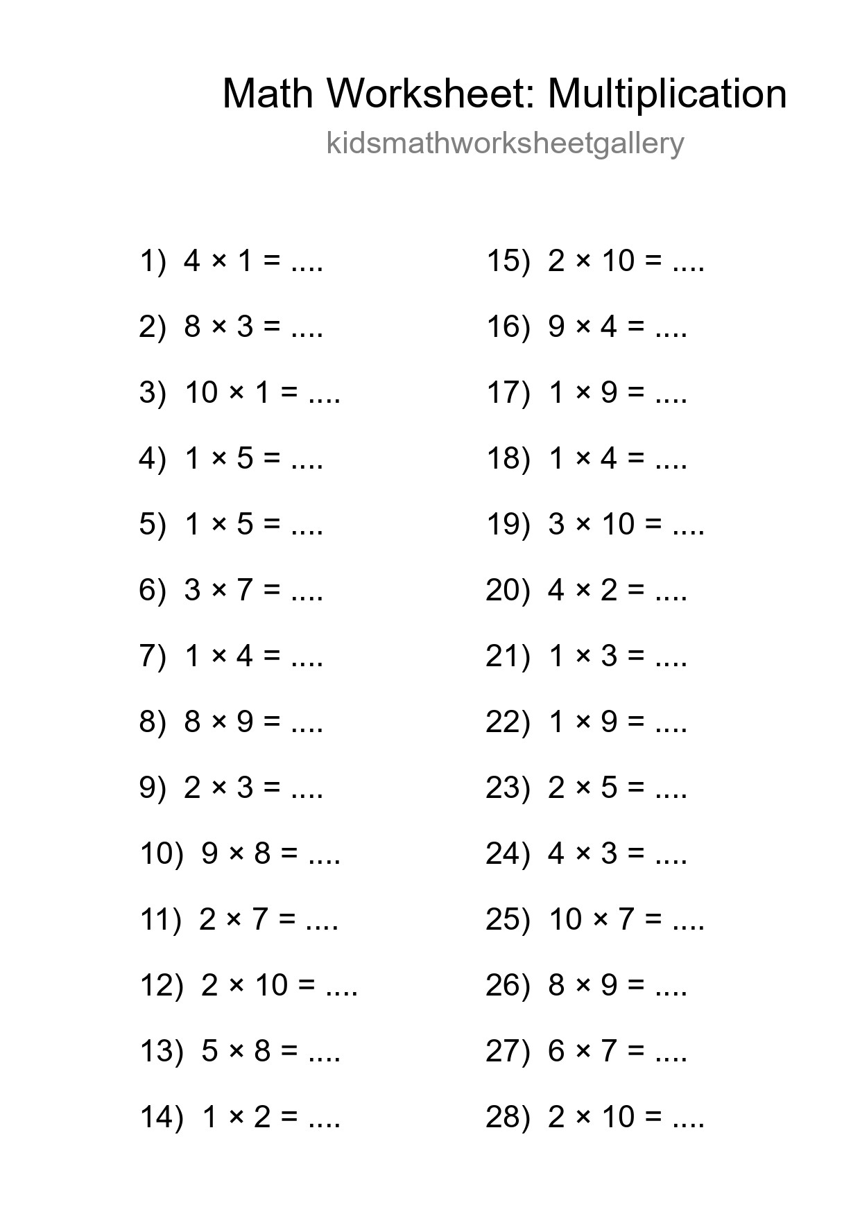 Grade 1 Multiplication Practice Worksheet (28 Problems) - Part 172