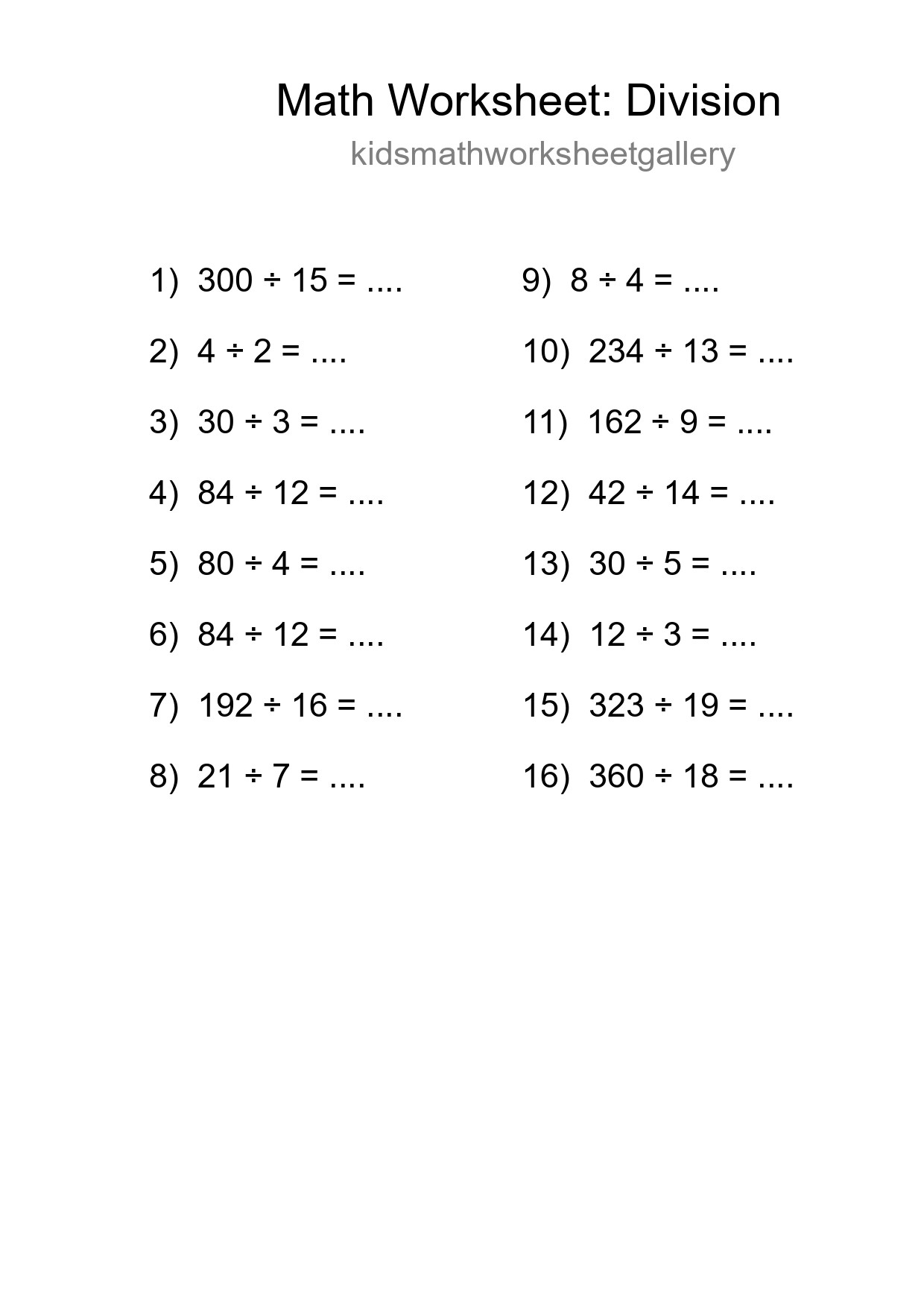 Grade 2 Division Practice Worksheet (16 Problems) - Part 103