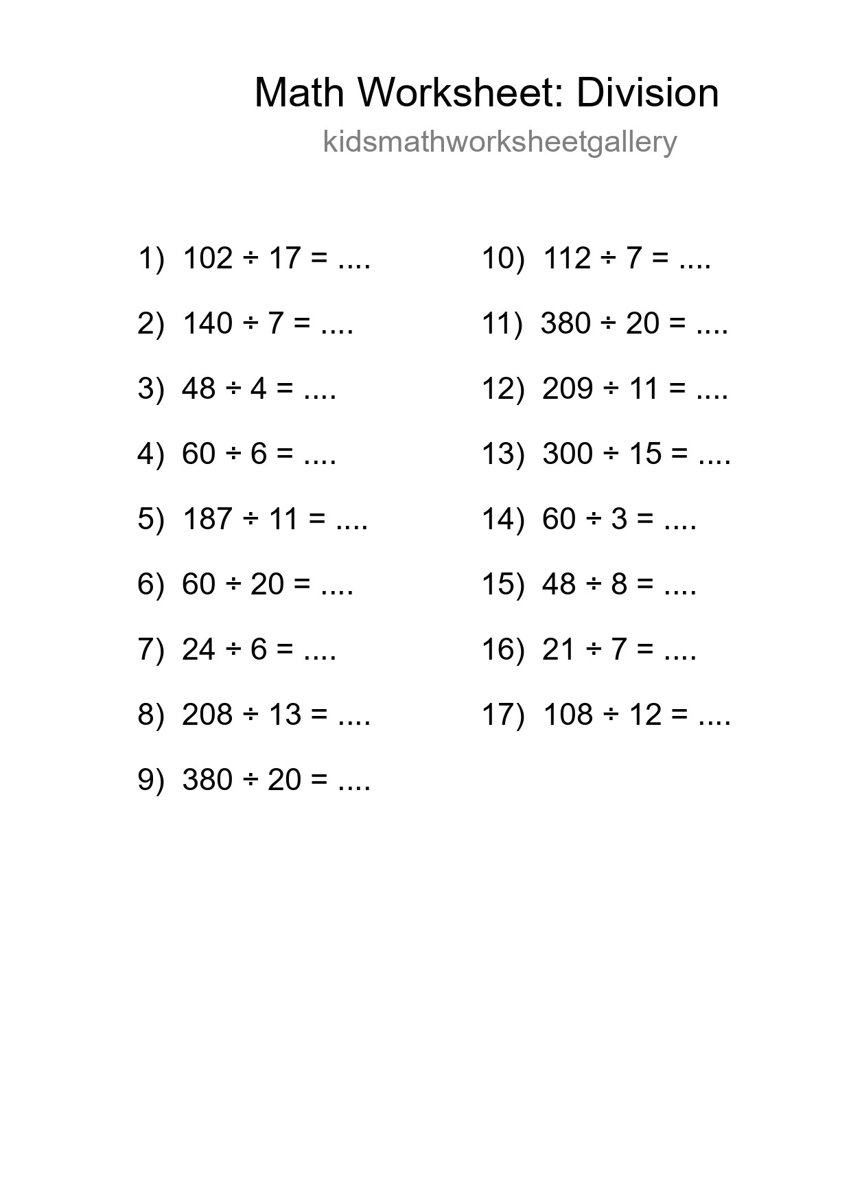 Grade 2 Division Practice Worksheet (17 Problems) - Part 224