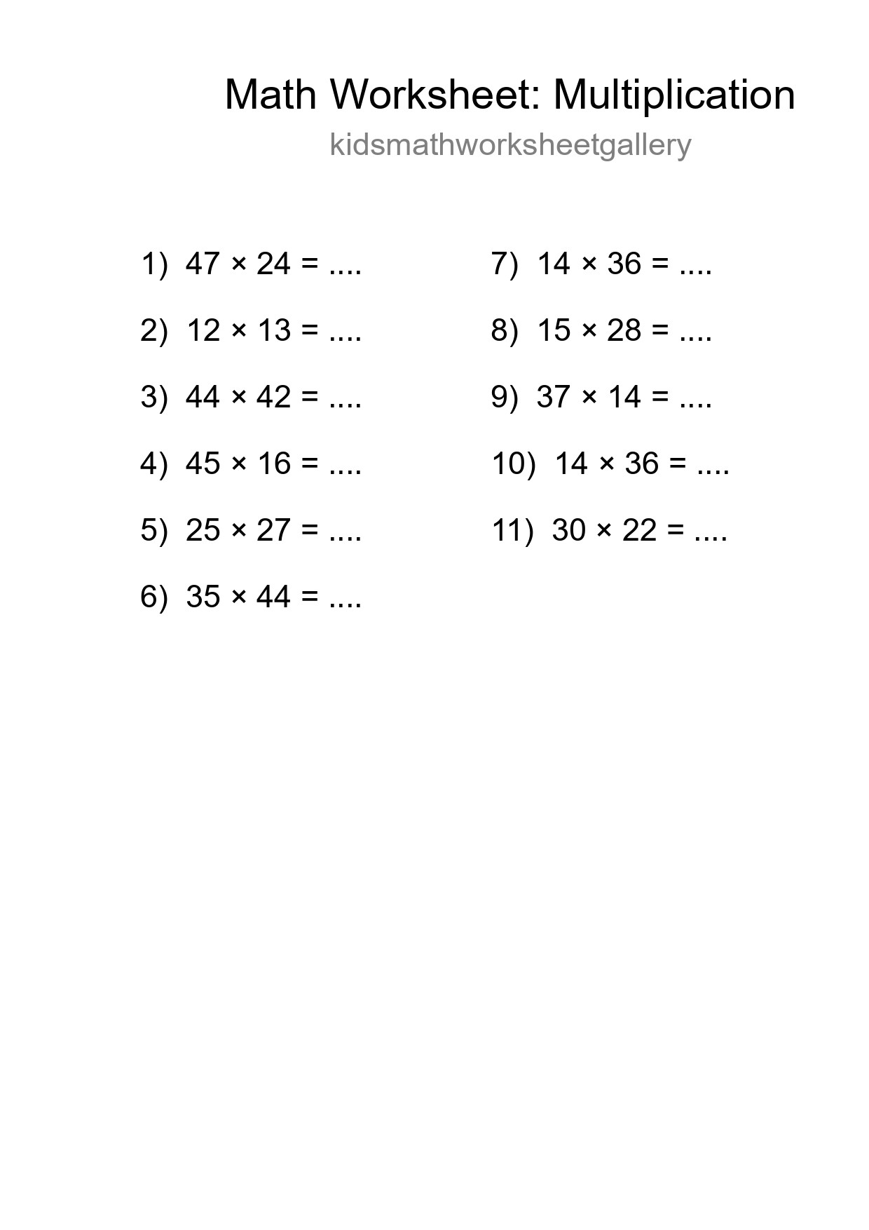 Grade 2 Multiplication Practice Worksheet (11 Problems) - Part 216
