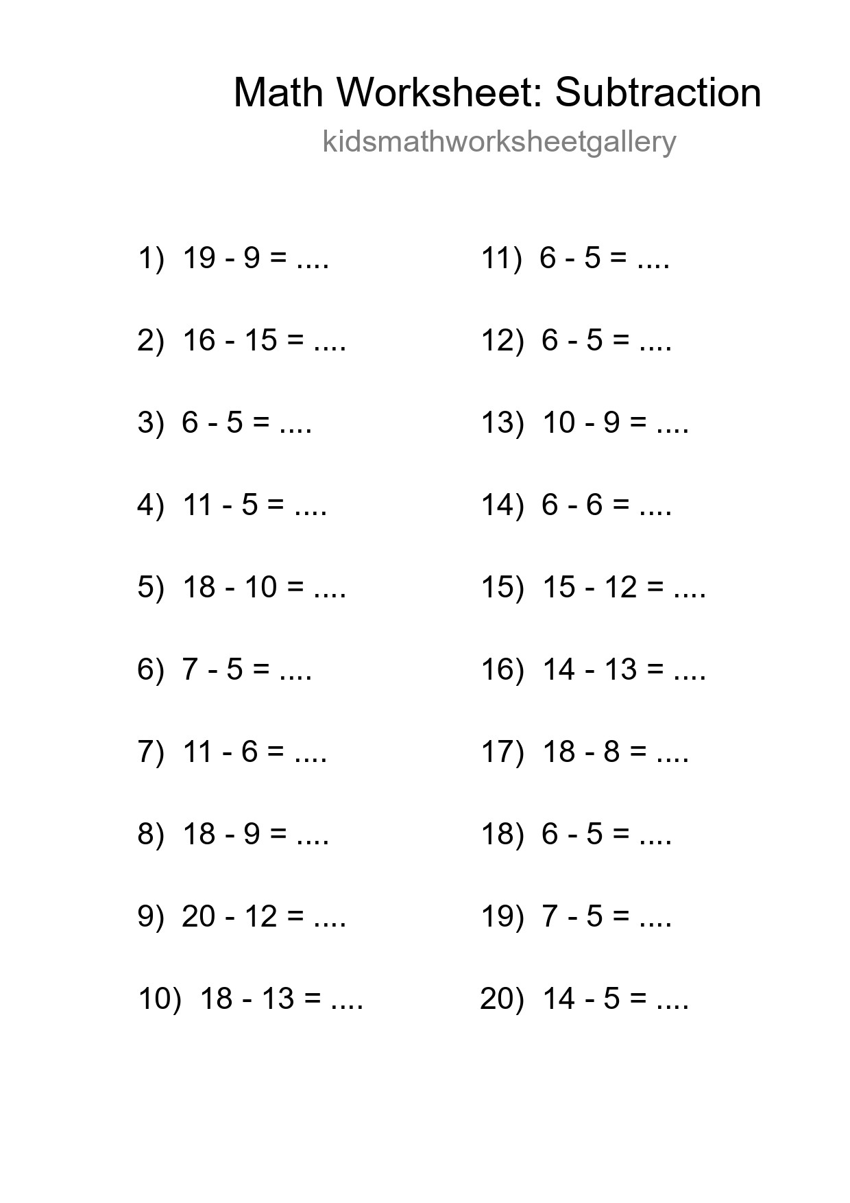 Grade 2 Subtraction Practice Worksheet (20 Problems) - Part 140