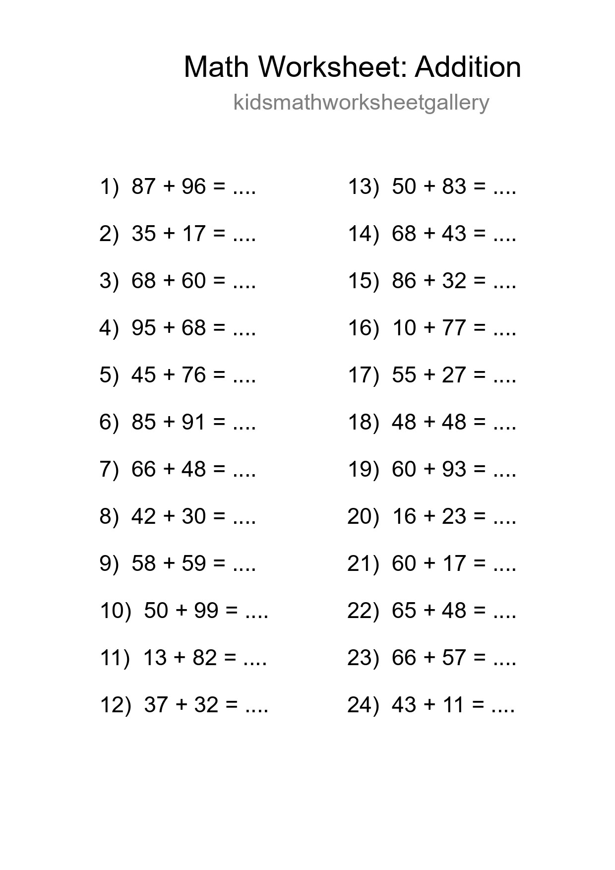Grade 3 Addition Practice Worksheet (24 Problems) - Part 155
