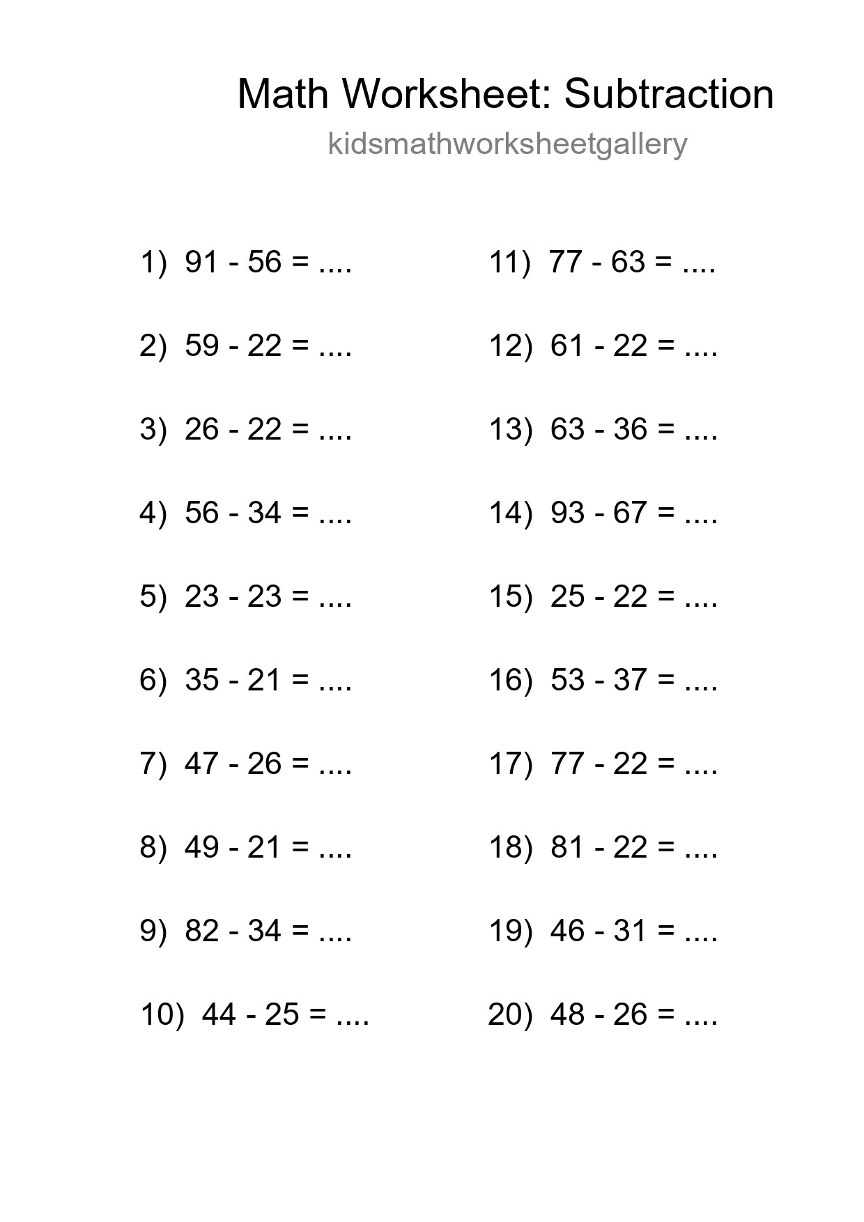 Grade 3 Subtraction Practice Worksheet (20 Problems) - Part 118