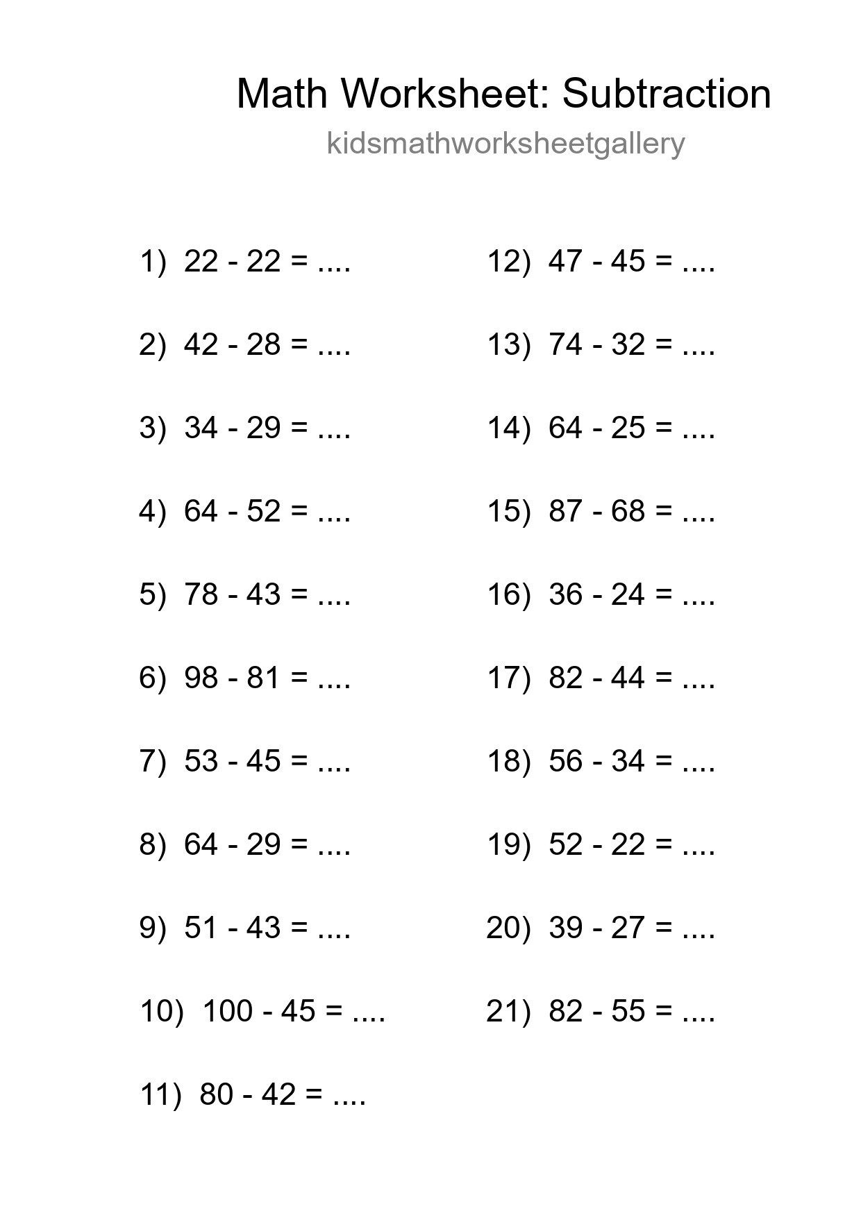 Grade 3 Subtraction Practice Worksheet (21 Problems) - Part 30