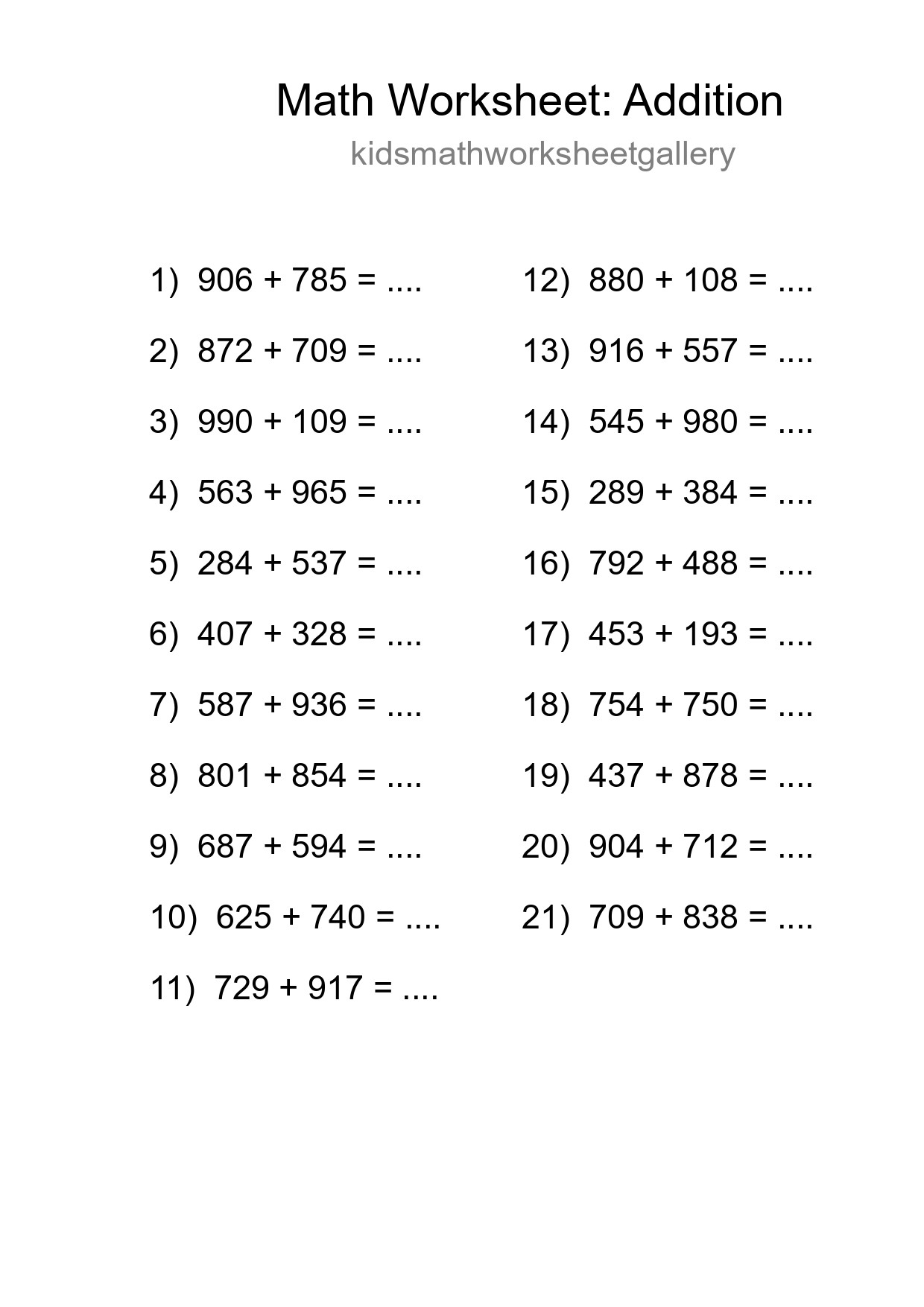 Grade 5 Addition Practice Worksheet (21 Problems)