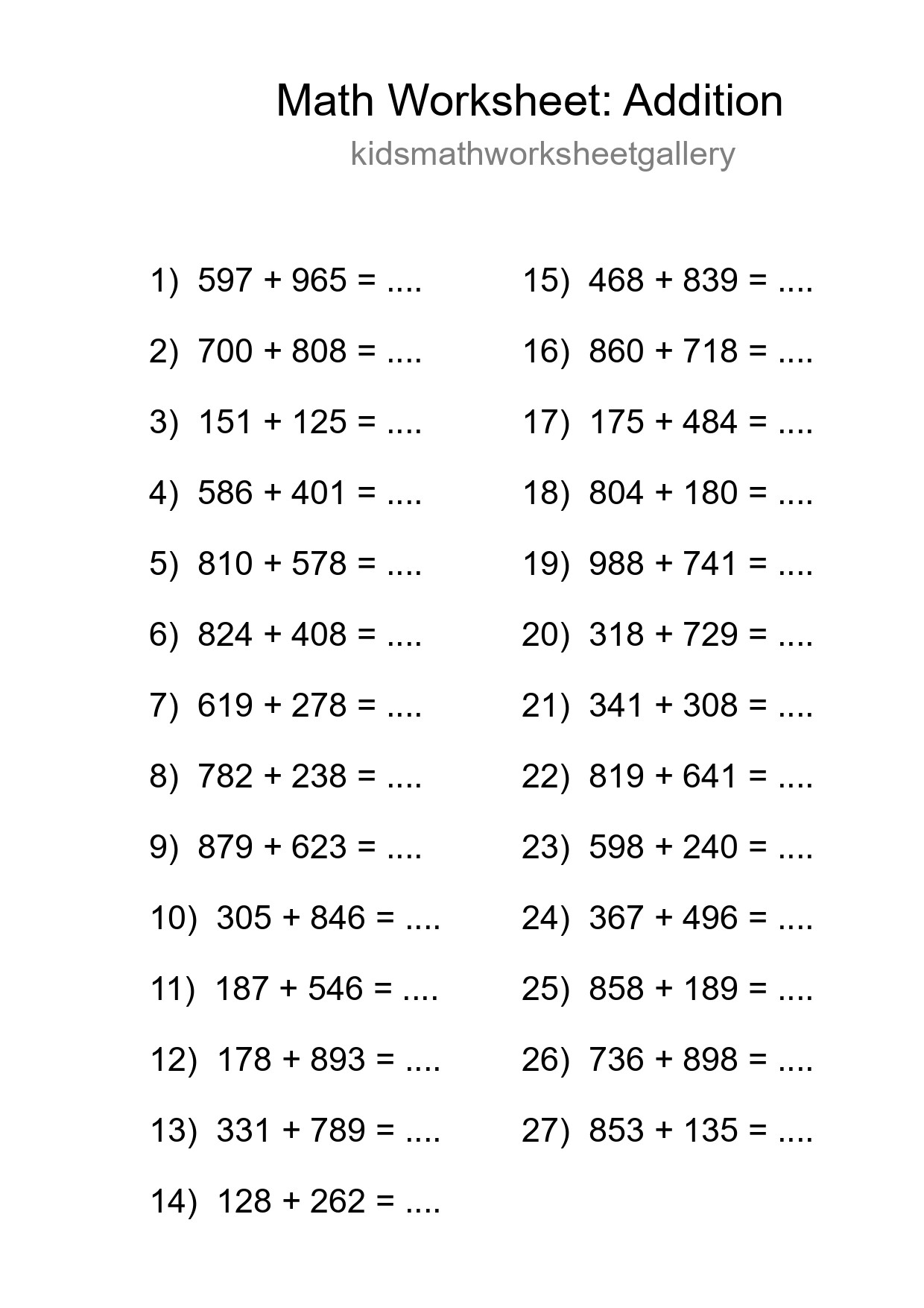 Grade 5 Addition Practice Worksheet (27 Problems) - Part 56