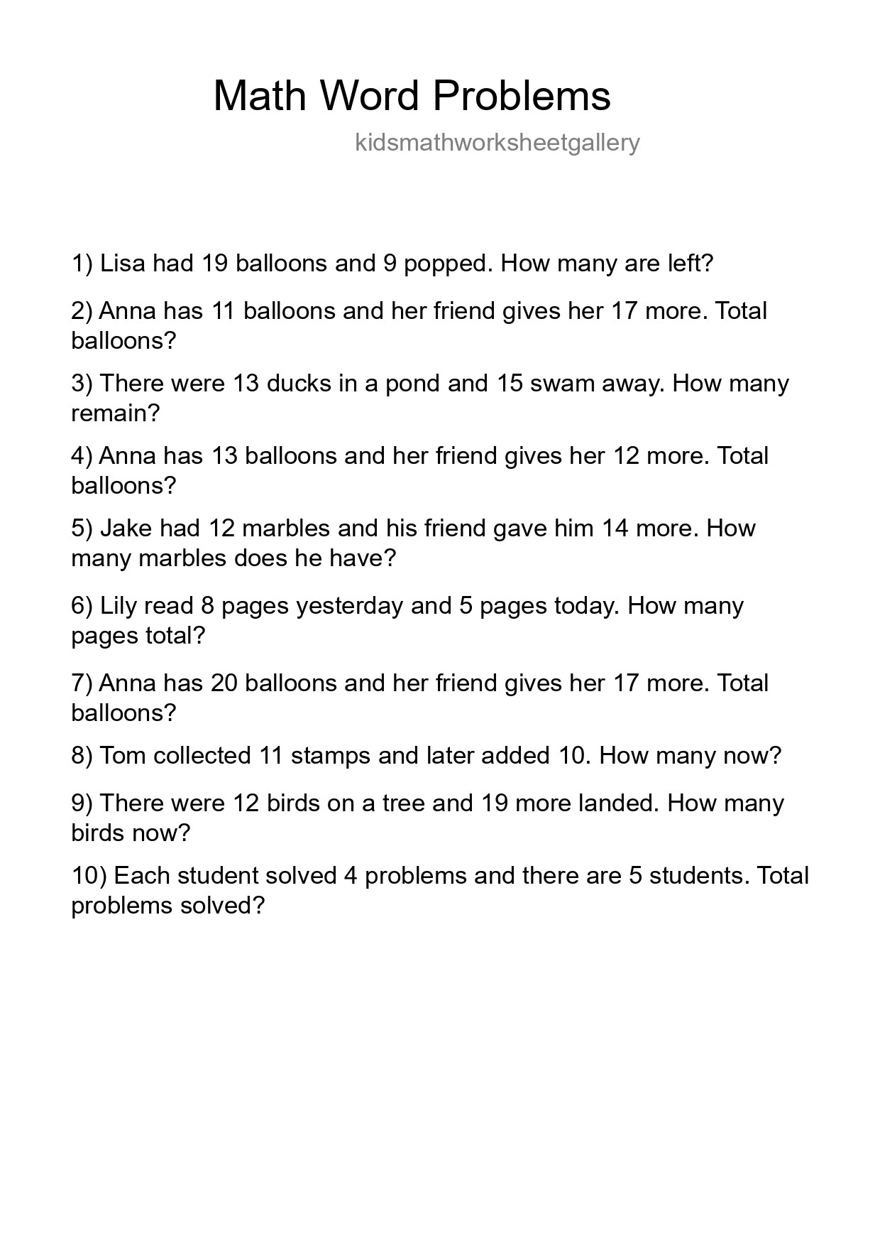 Math Word Problem Worksheet