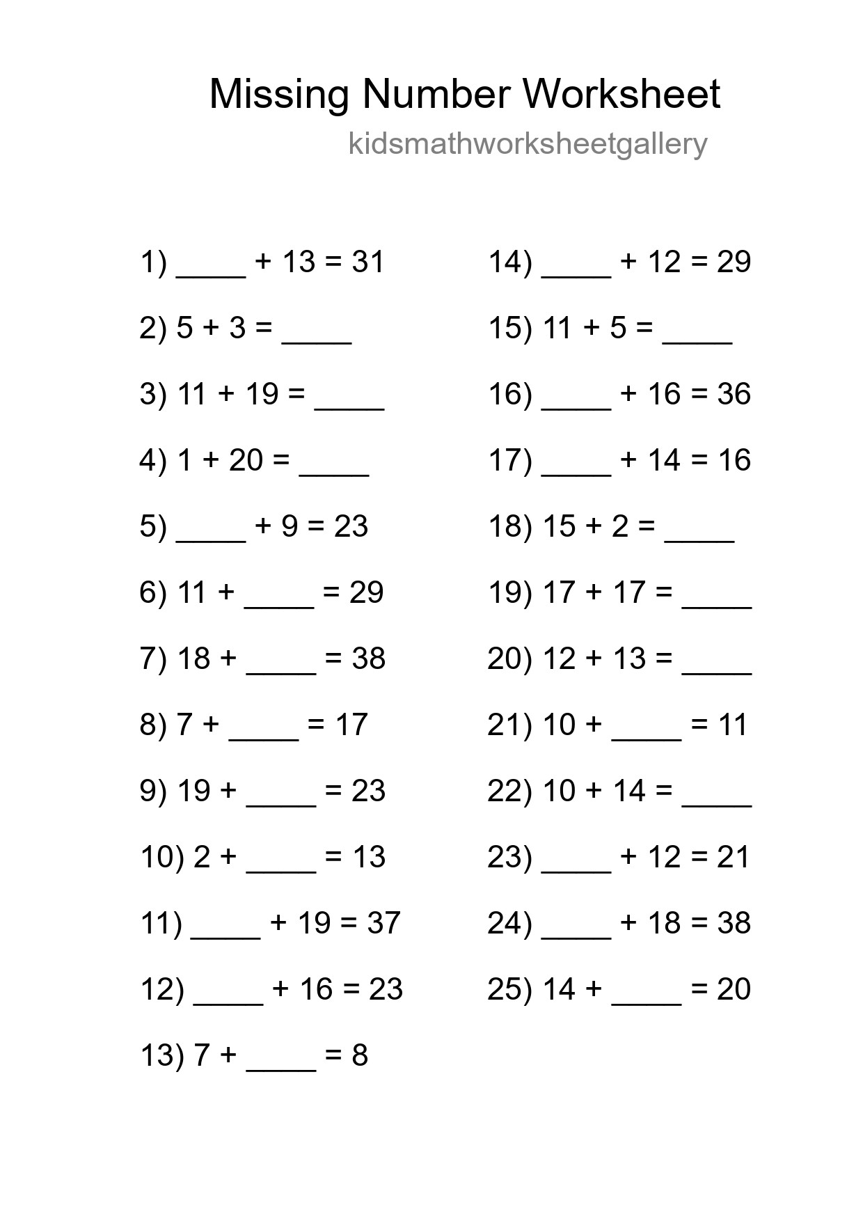 Missing Number Math Worksheet