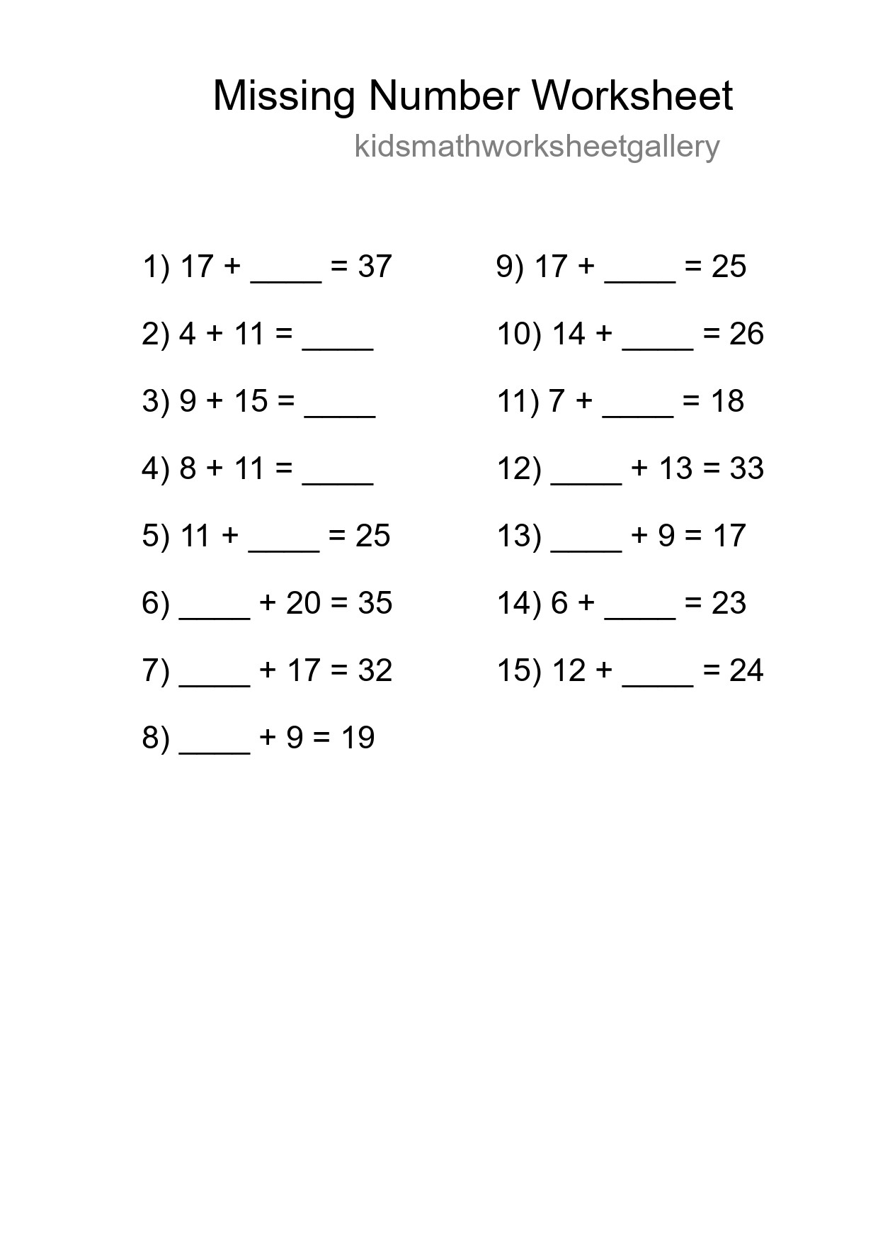 Missing Number Math Worksheet