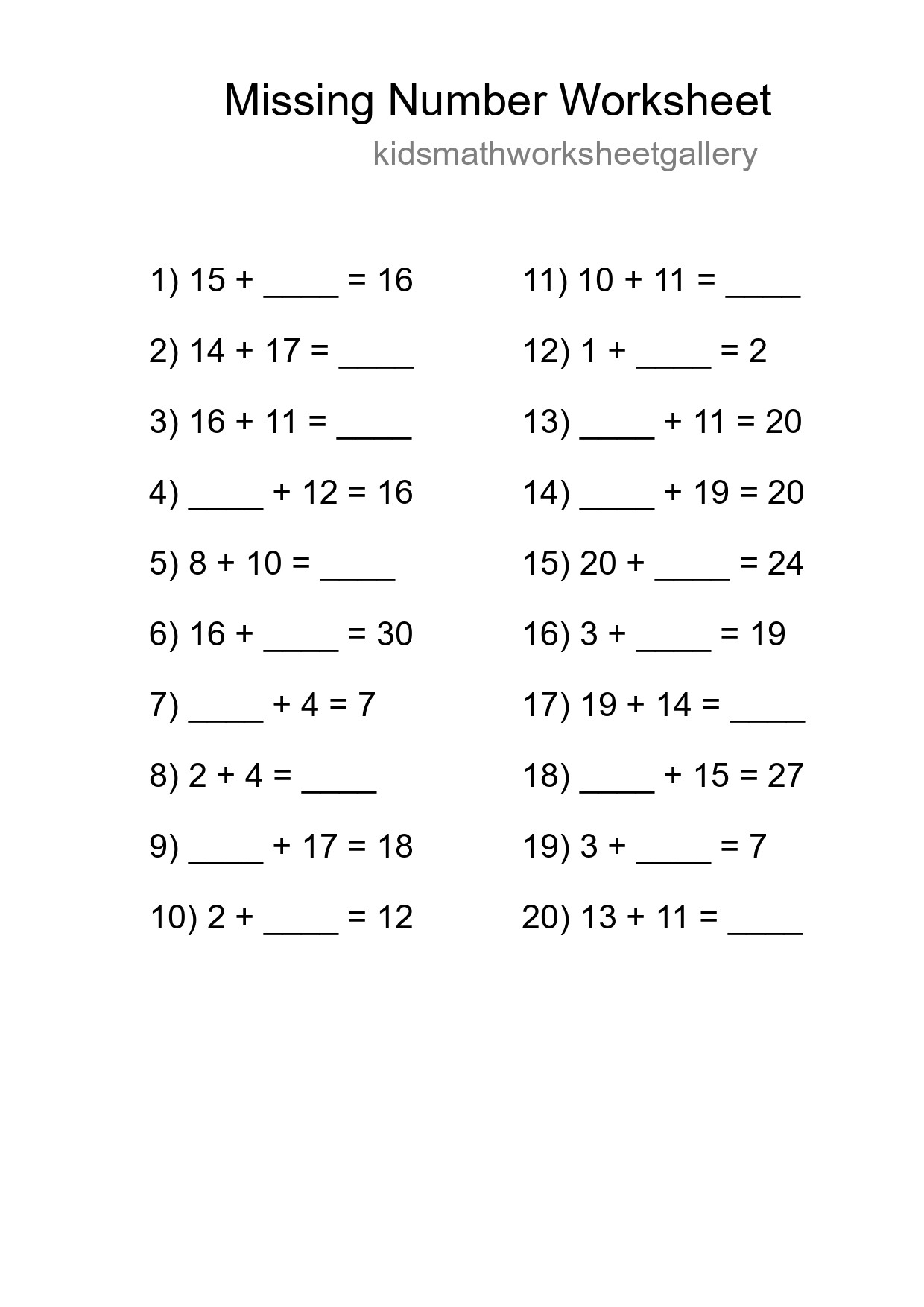 Missing Number Math Worksheet