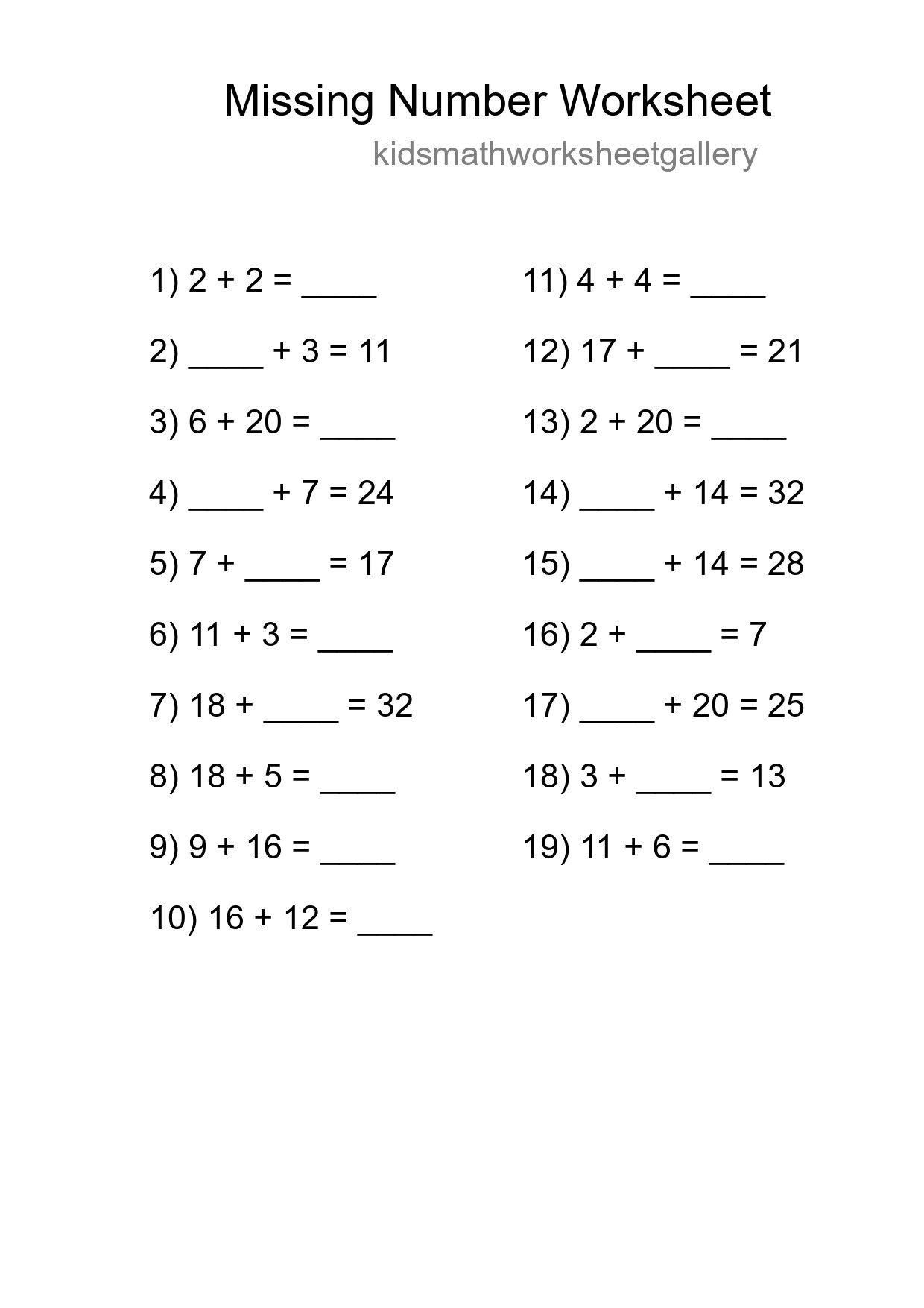 Missing Number Math Worksheet
