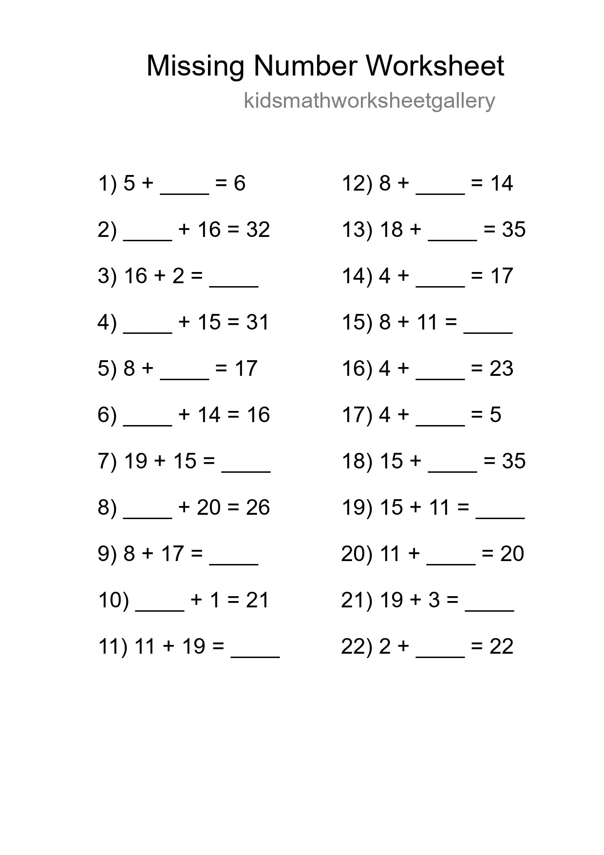 Missing Number Math Worksheet