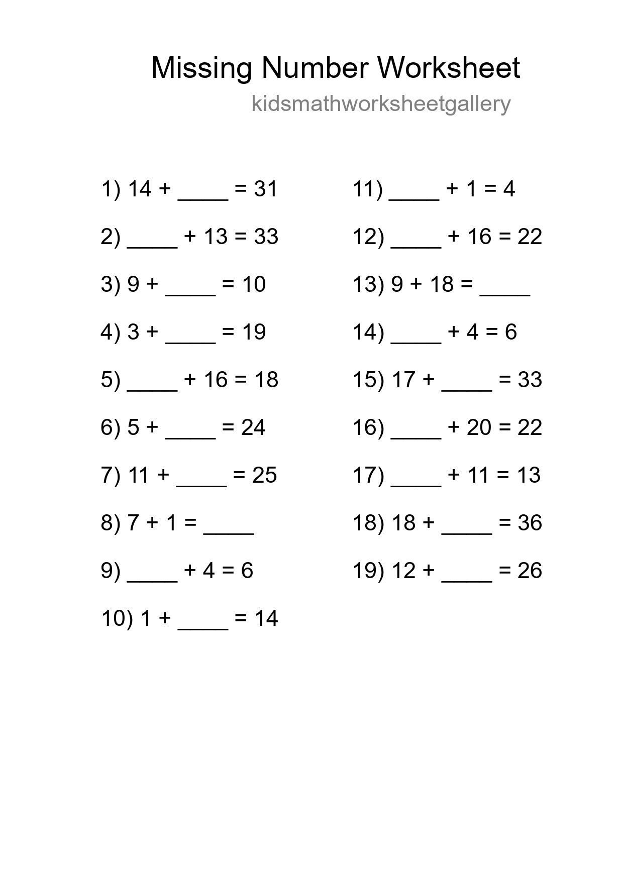 Missing Number Math Worksheet