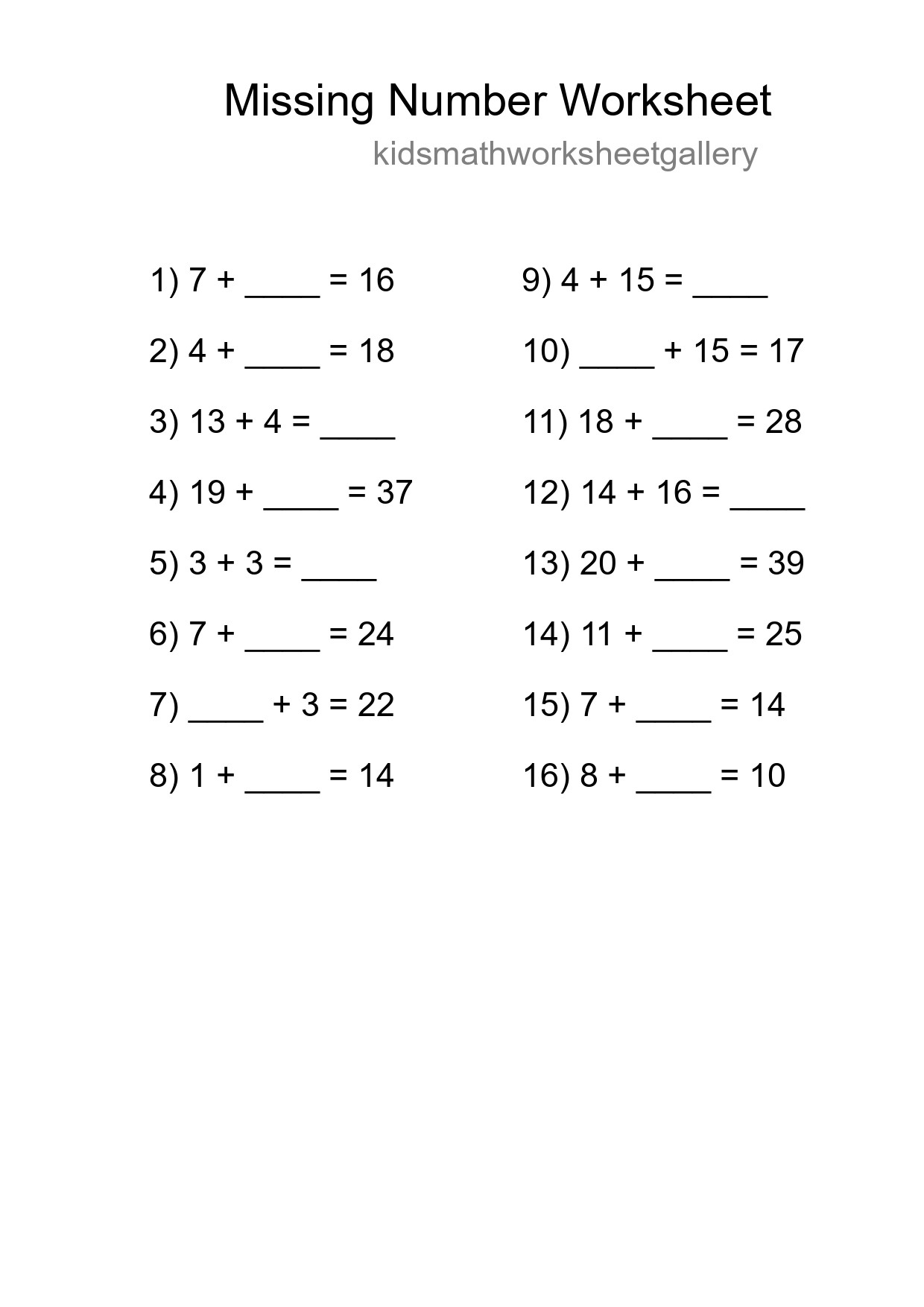 Missing Number Math Worksheet