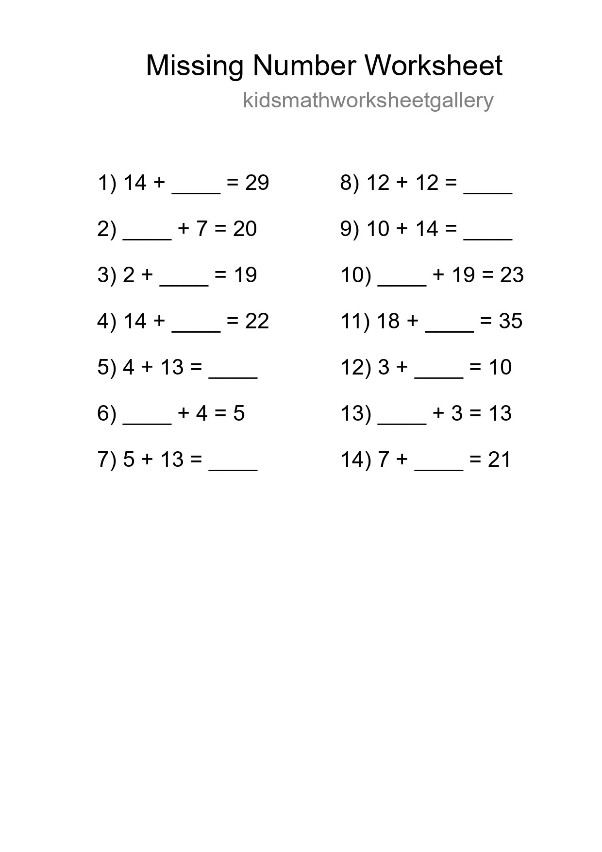 Missing Number Math Worksheet