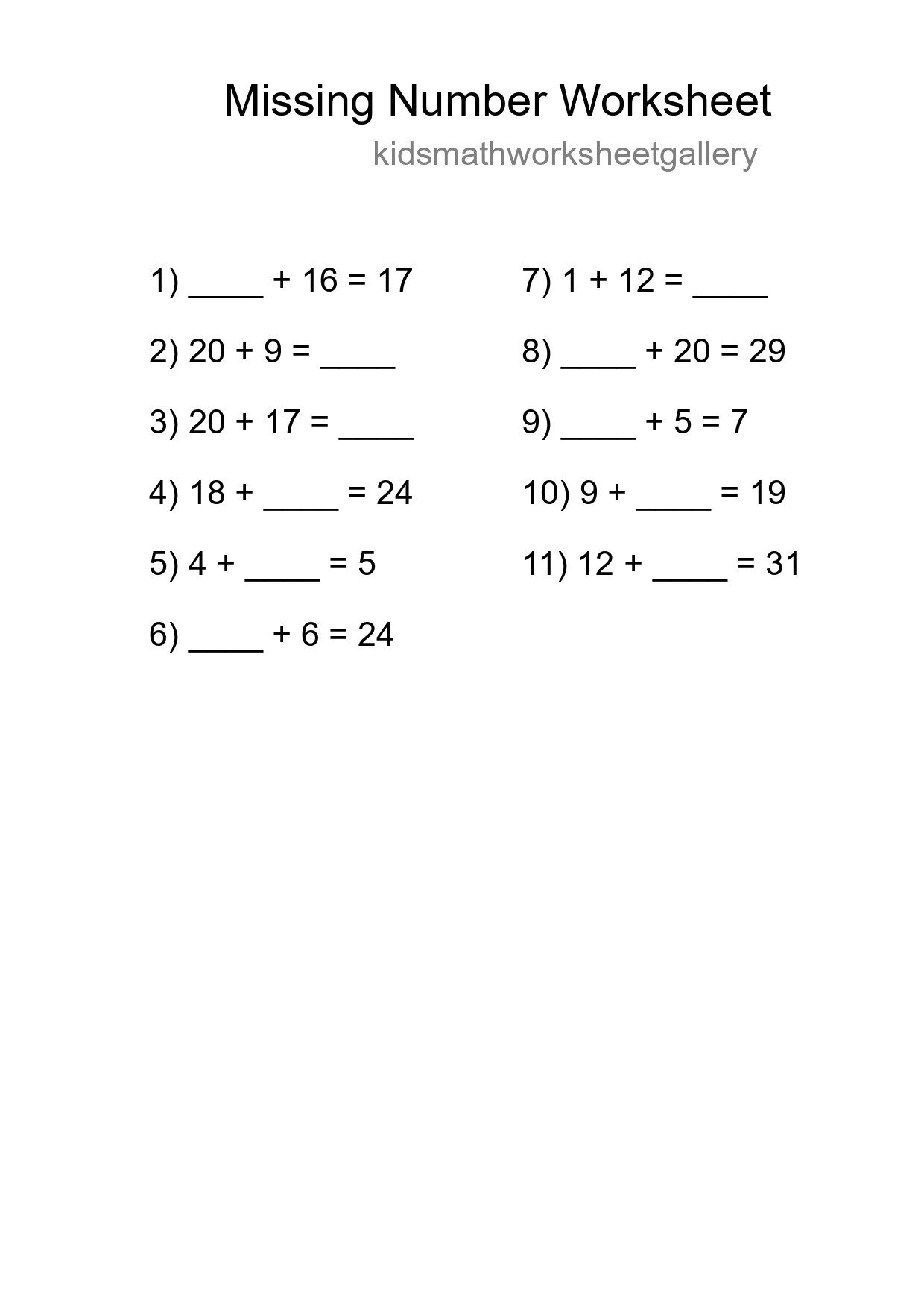 Missing Number Math Worksheet
