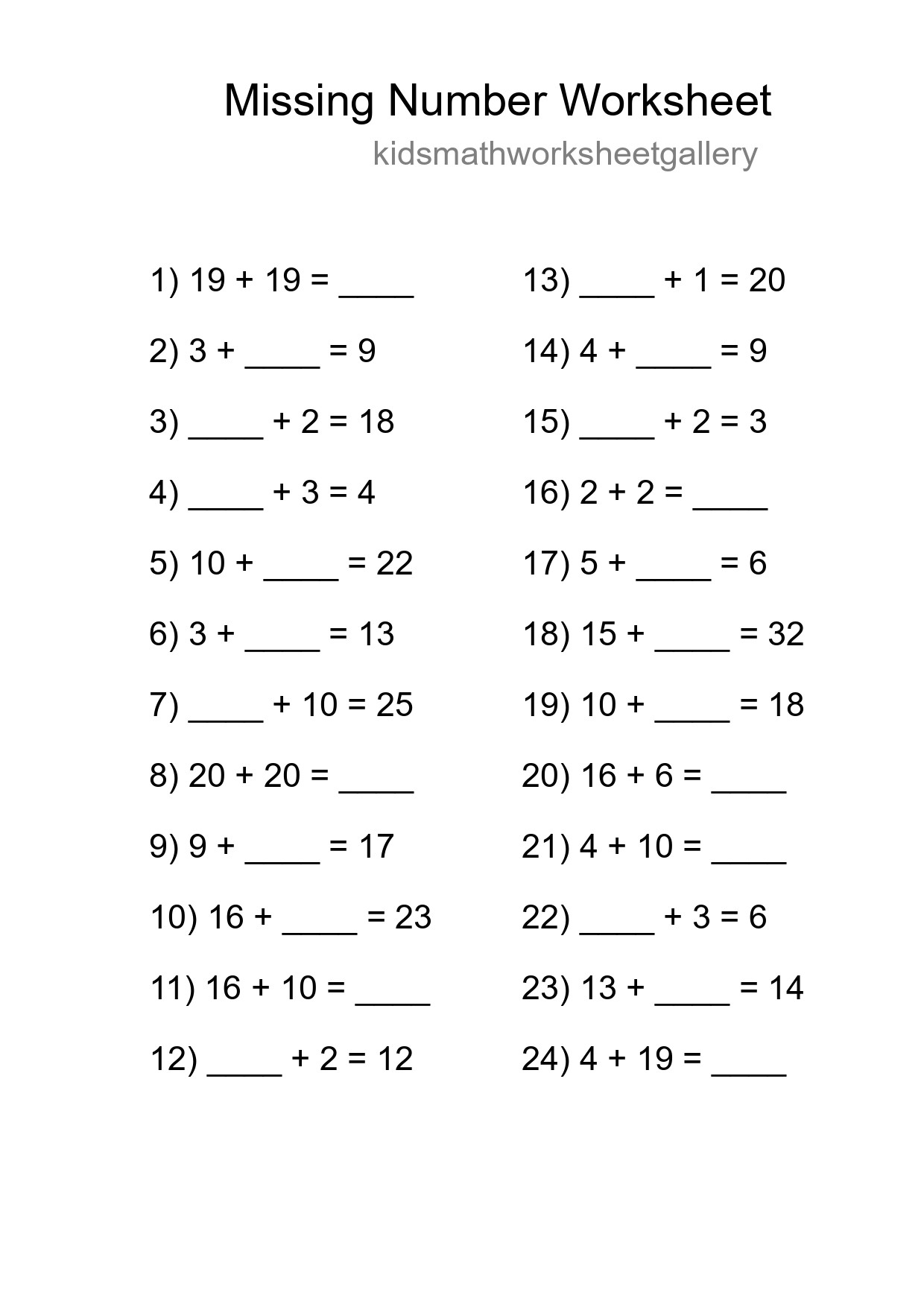 Missing Number Math Worksheet