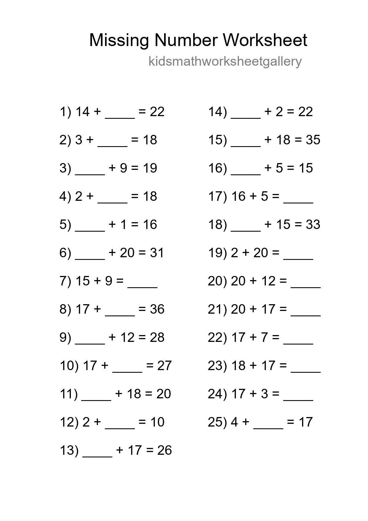 Missing Number Math Worksheet