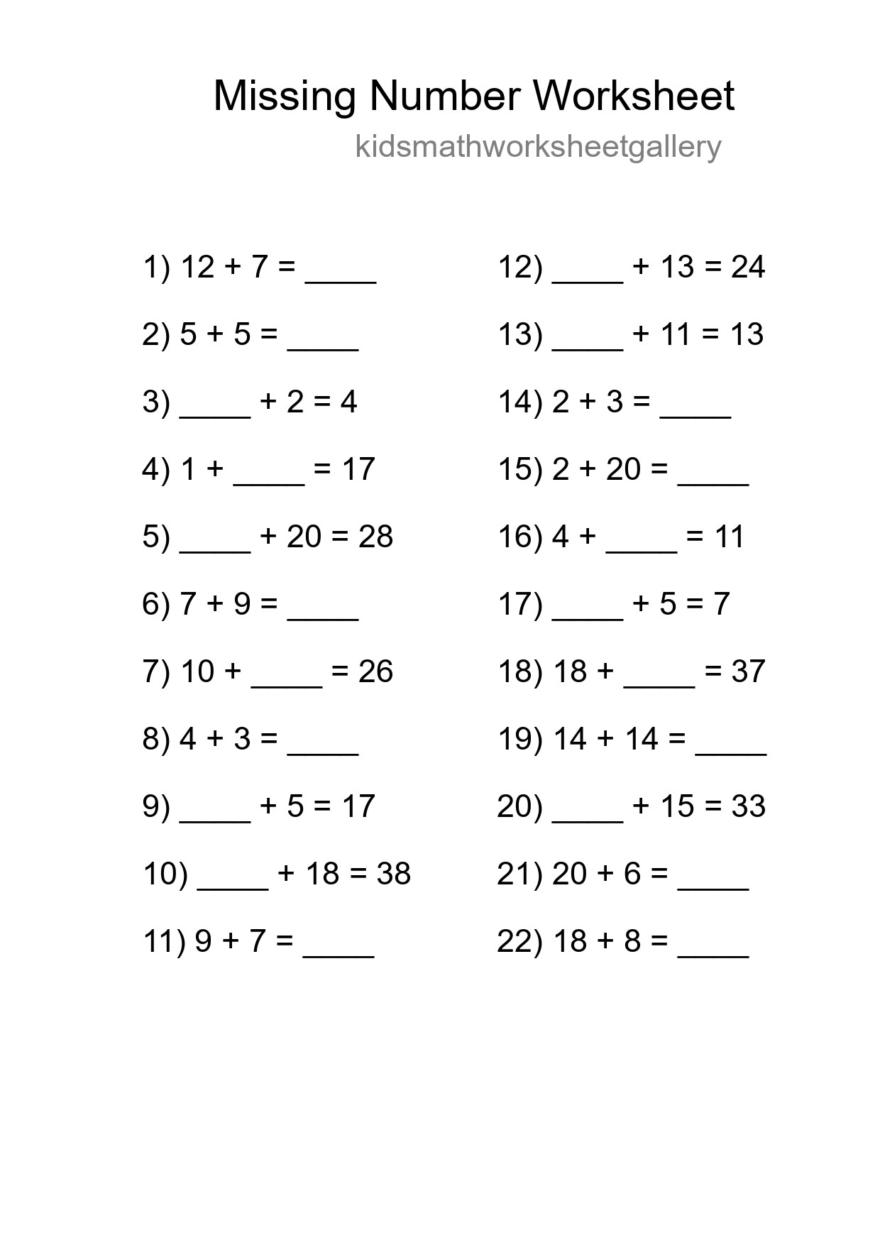 Missing Number Math Worksheet