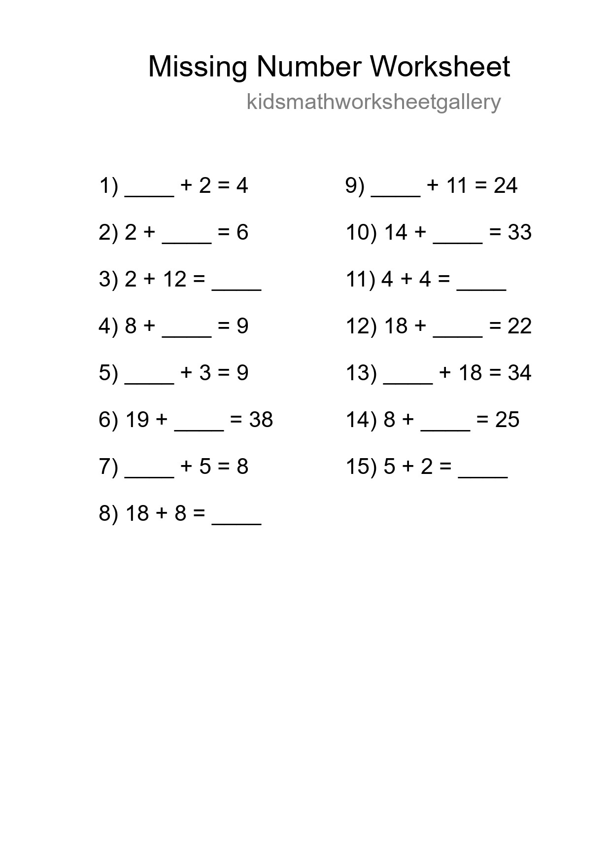 Missing Number Math Worksheet