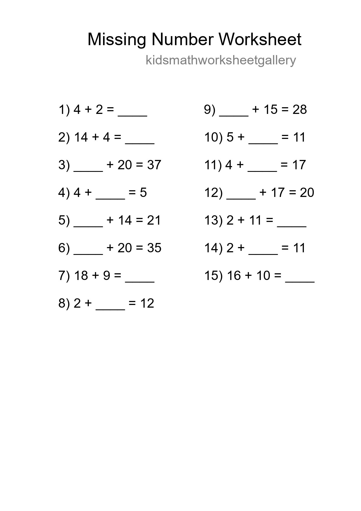 Missing Number Math Worksheet