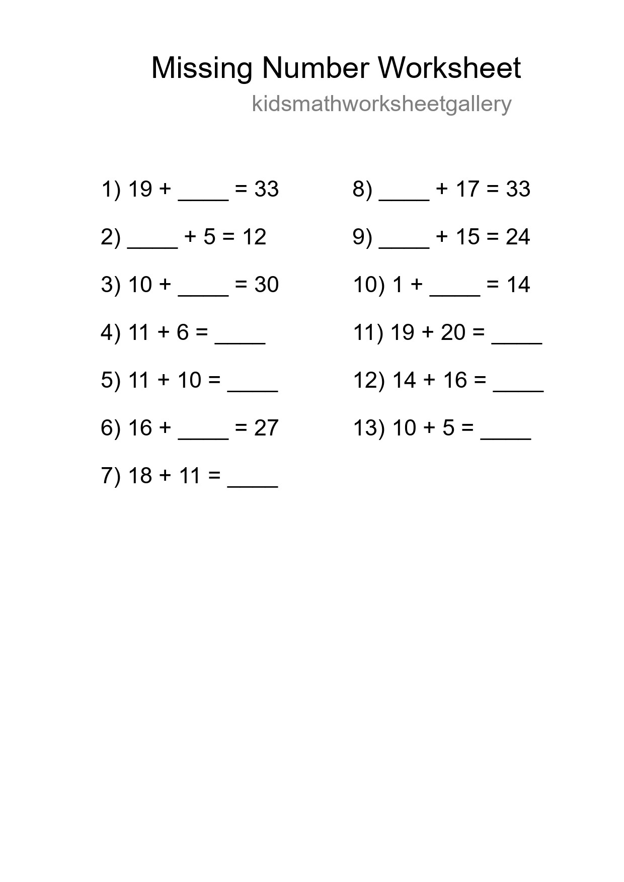 Missing Number Math Worksheet