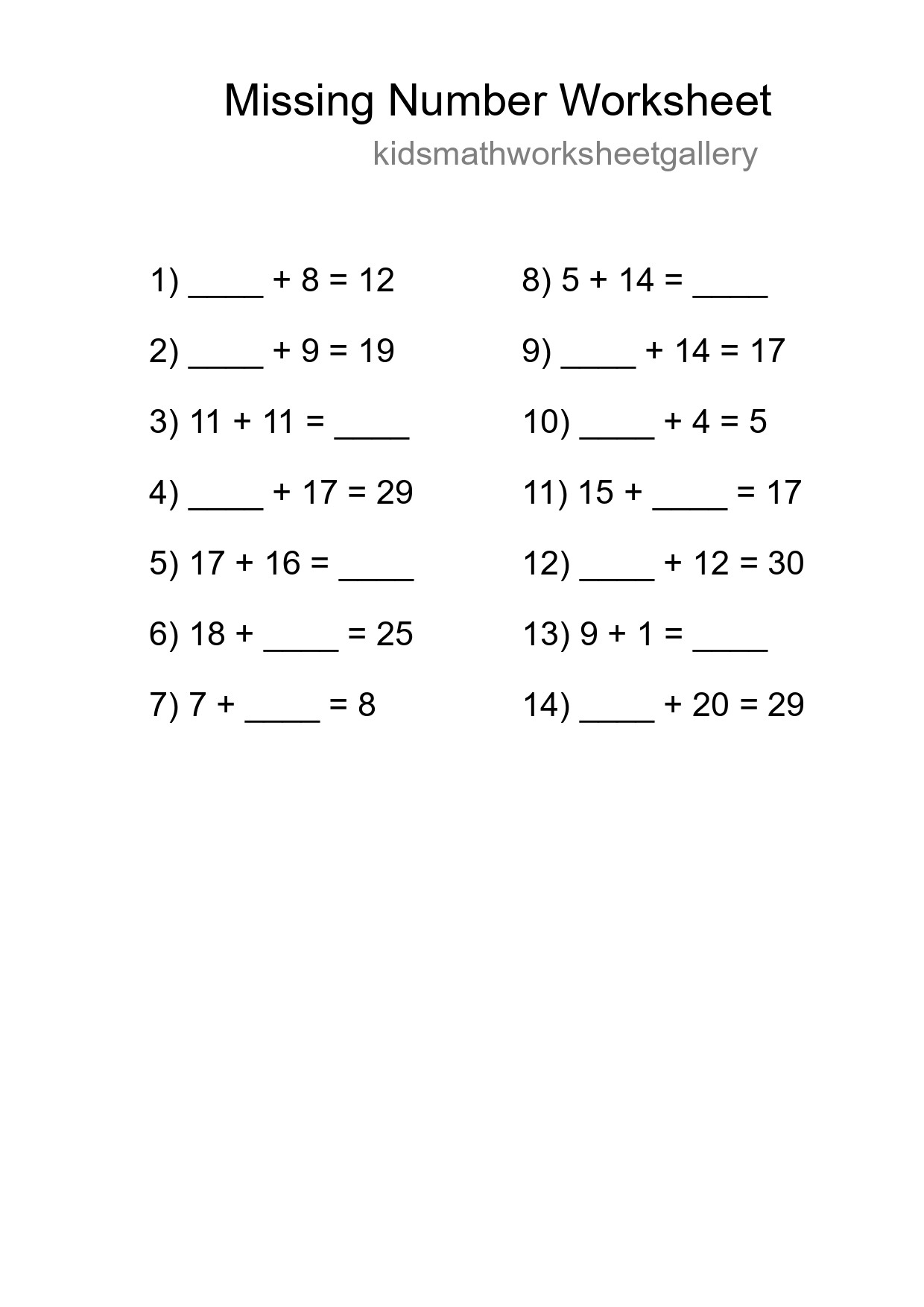 Missing Number Math Worksheet