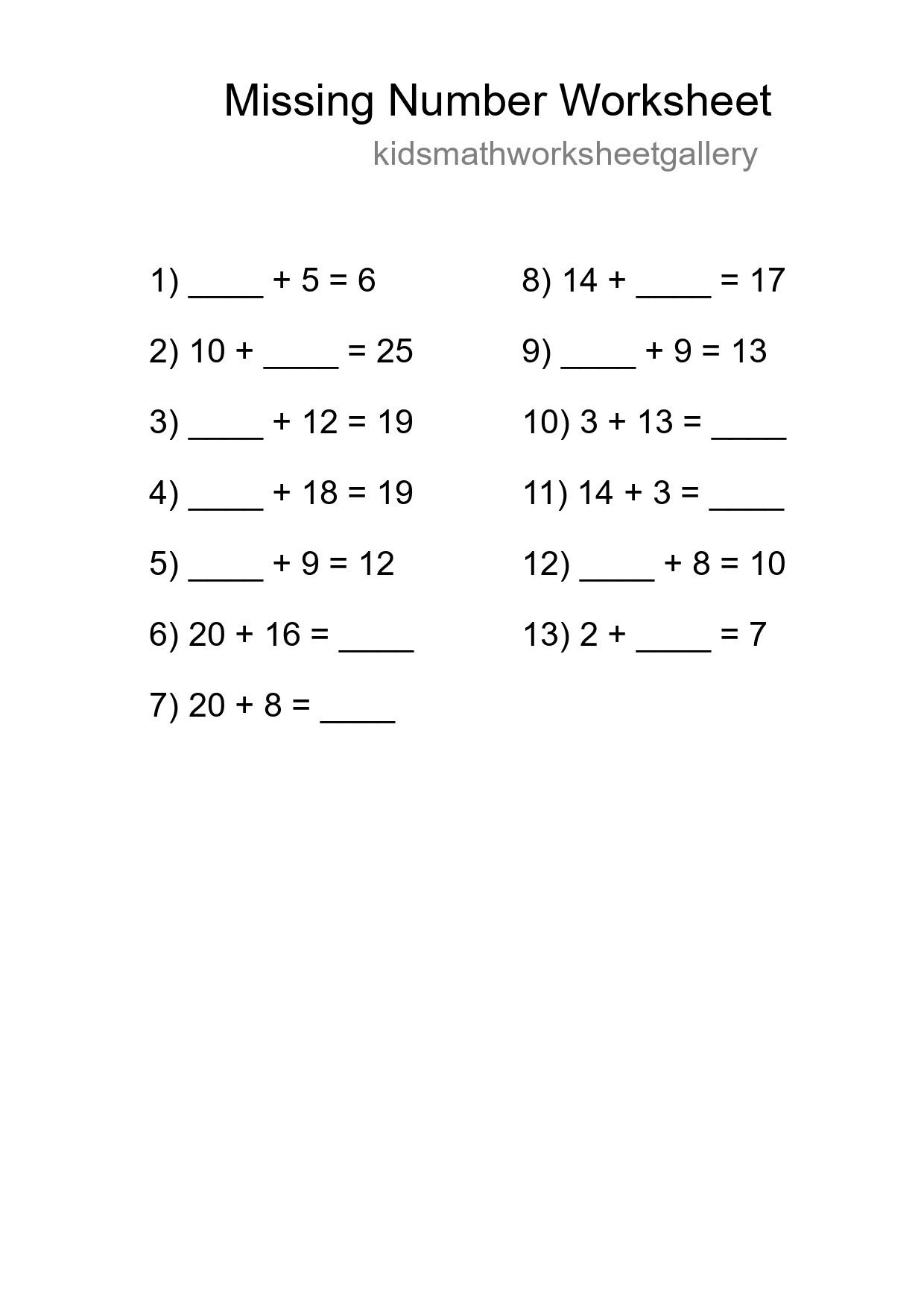 Missing Number Math Worksheet