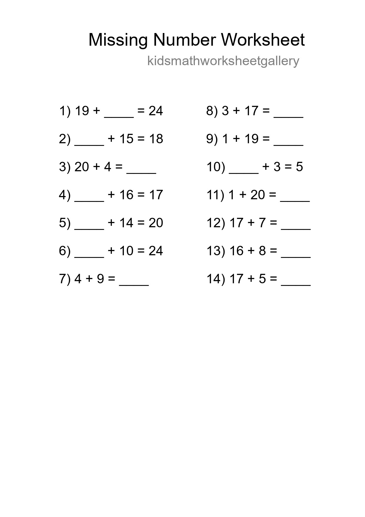 Missing Number Math Worksheet