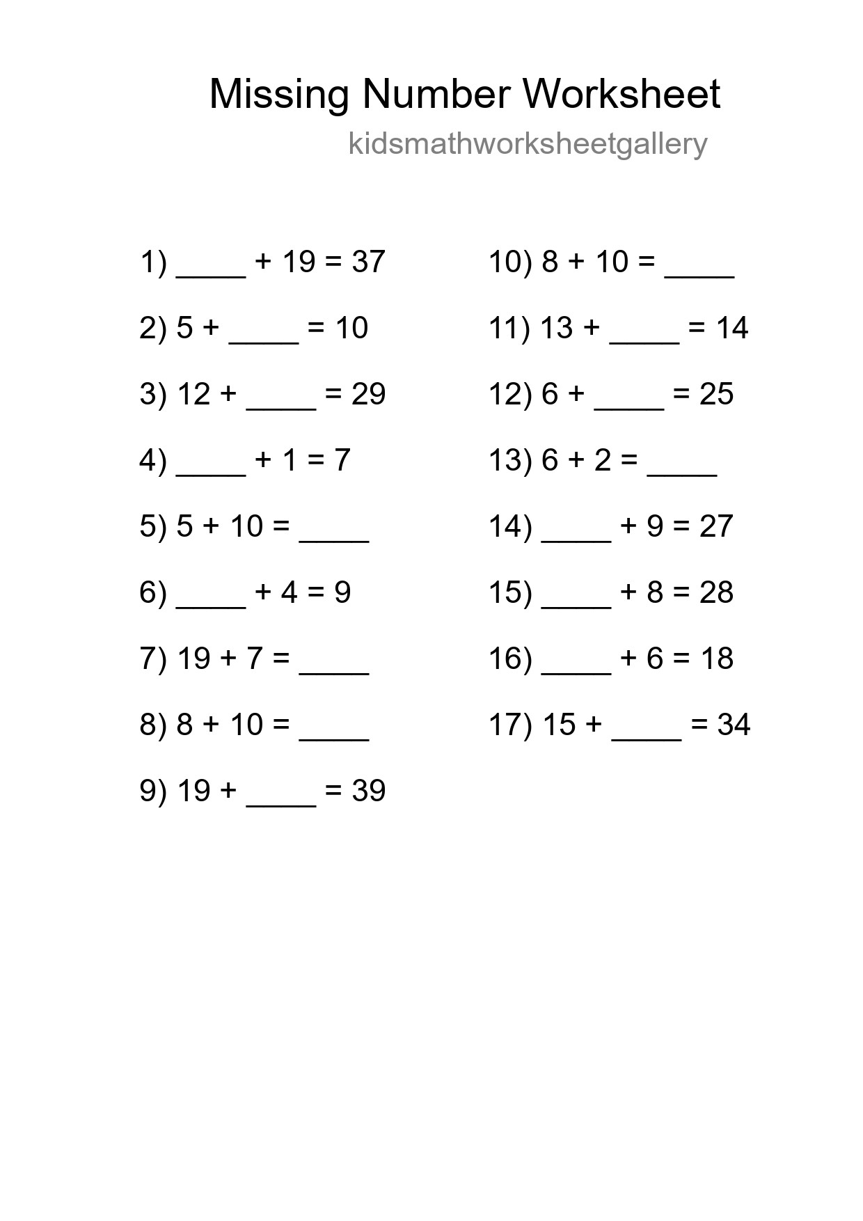 Missing Number Math Worksheet