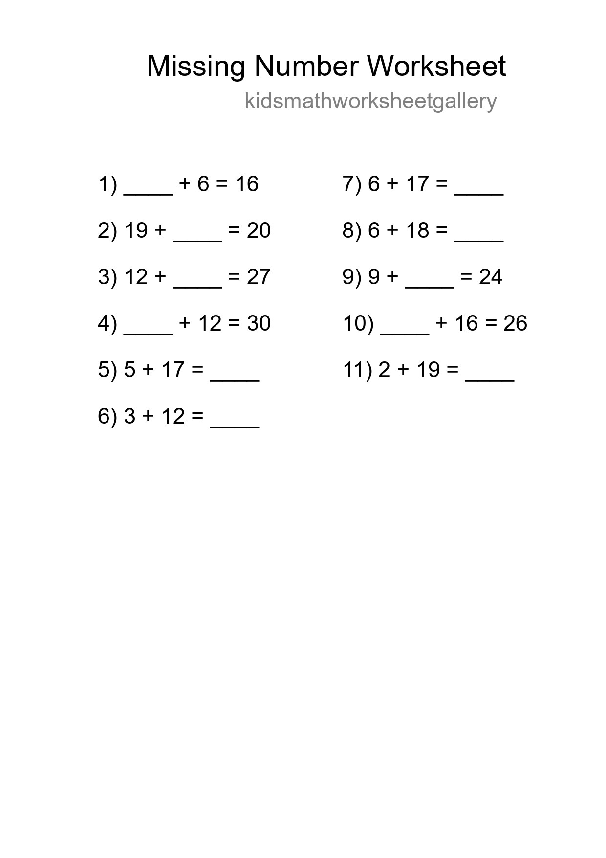 Missing Number Math Worksheet