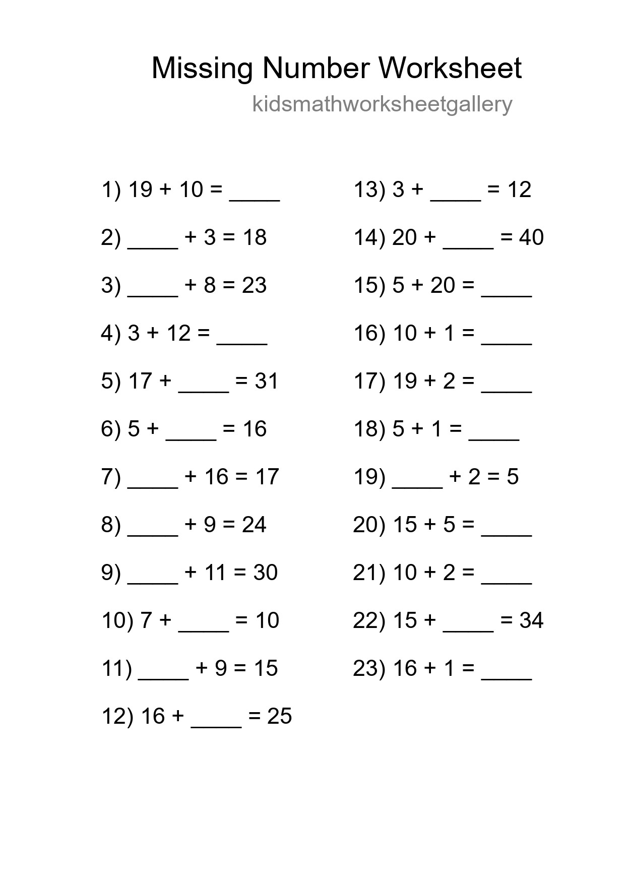Missing Number Math Worksheet