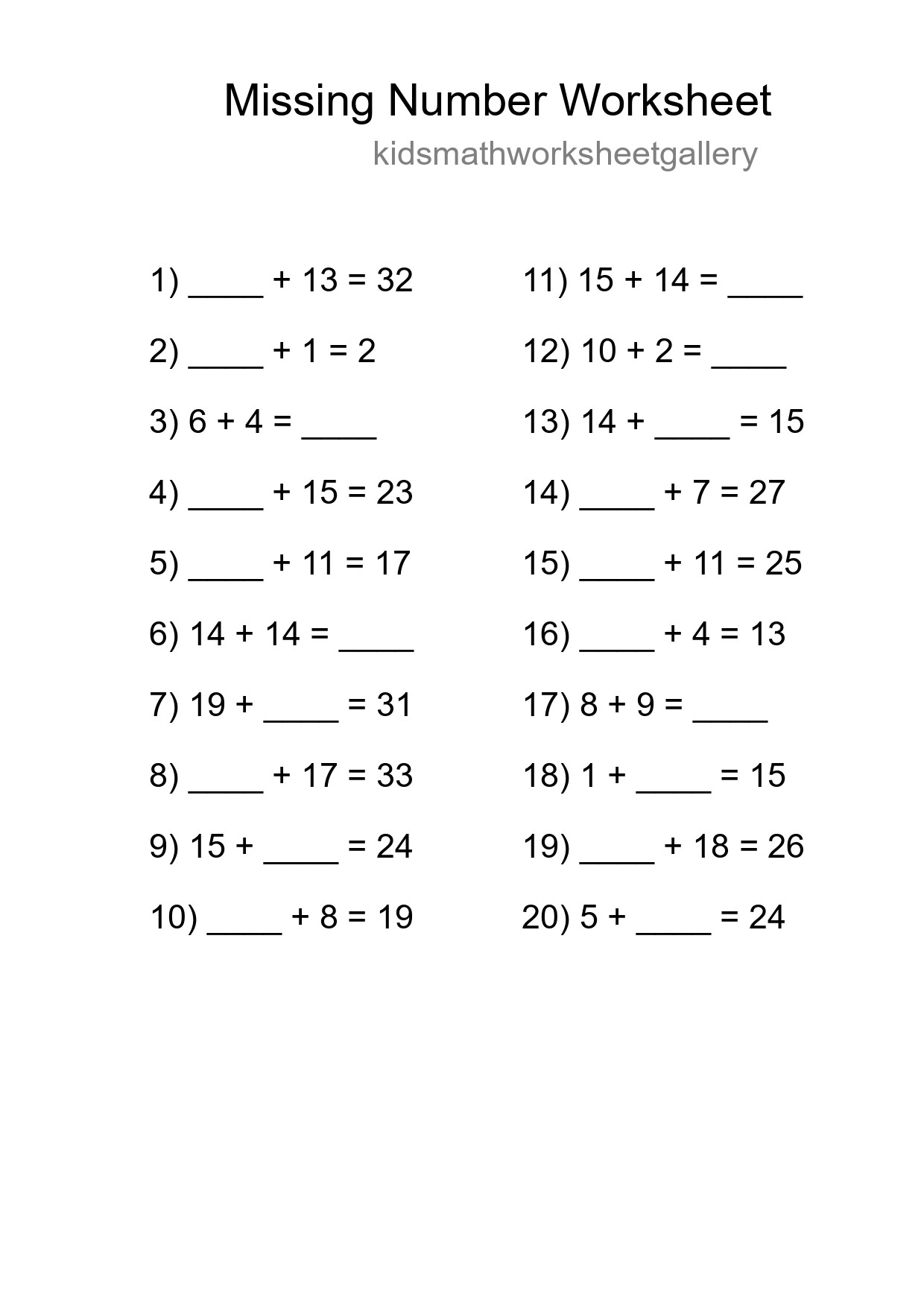 Missing Number Math Worksheet