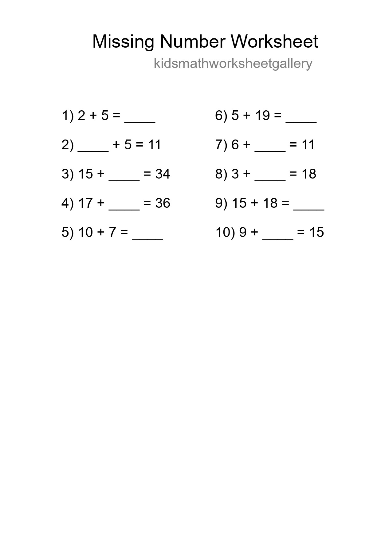Missing Number Math Worksheet